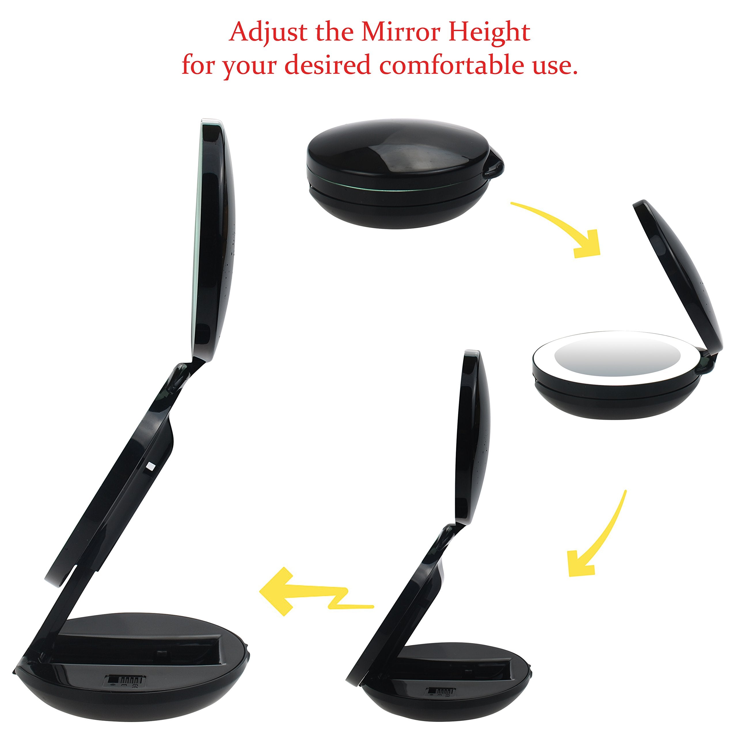 VrHere MirriM LED Lighted Travel Makeup Magnifying Mirror,Magnifies 10x and 1x, Luxury Double Side and Folding Pocket Vanity/Cosmetic Mirror (Black)