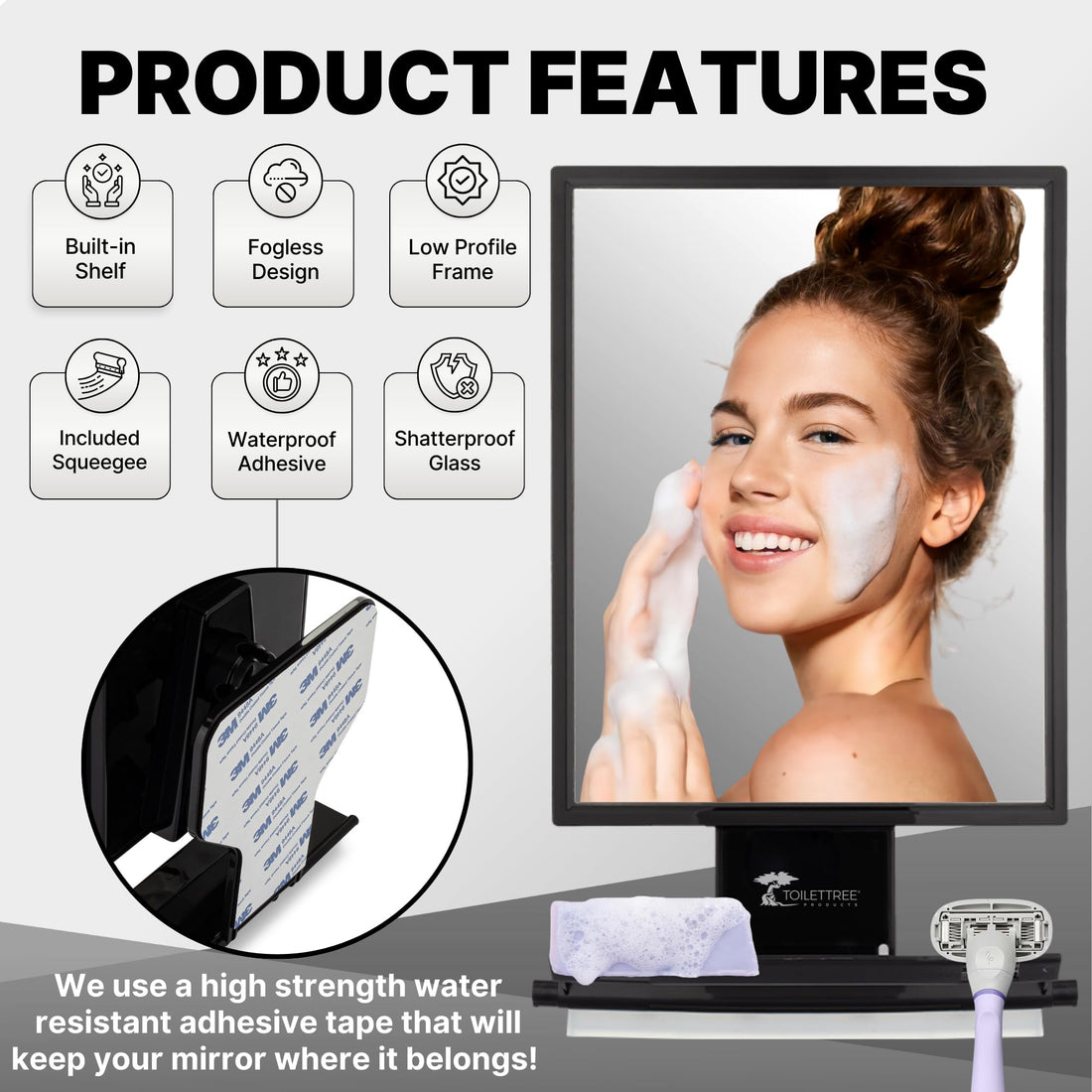 ToiletTree Products Fogless Shower Mirror - Anti-Fog Mirror - Adjustable Shaving Mirror with a Squeegee - Rust-Proof, Impact-Resistance Bathroom Shower Mirror - Tall