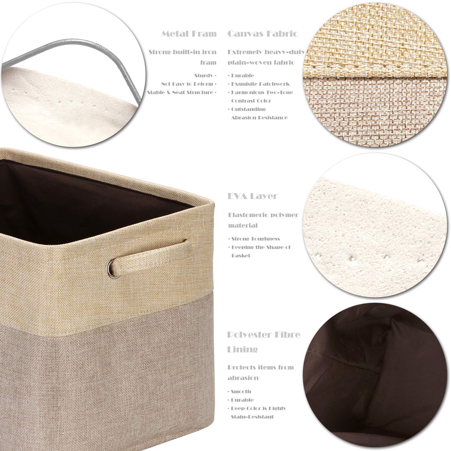 Sea Team 3-Pack Large Storage Basket Set, Trunk Organizer, Clothes Toys Bin, 15 x 10 x 10 Inches, Big Rectangular Canvas Fabric Collapsible Shelf Box with Handles for Kids Room (Tan/Beige)