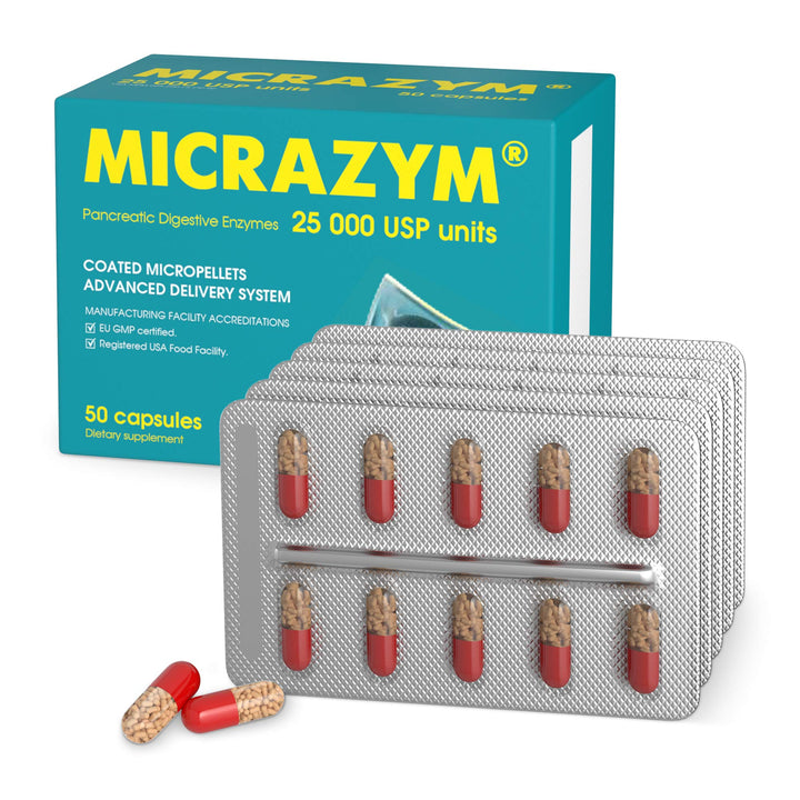Micrazym AVVA Pharm Pancreatic Enzymes - 25,000 USP Effective Pancreatic Enzyme Supplements - Digestive Enzymes for Digestion - 50 Fast-Acting Capsules with Amylase, Lipase and Protease