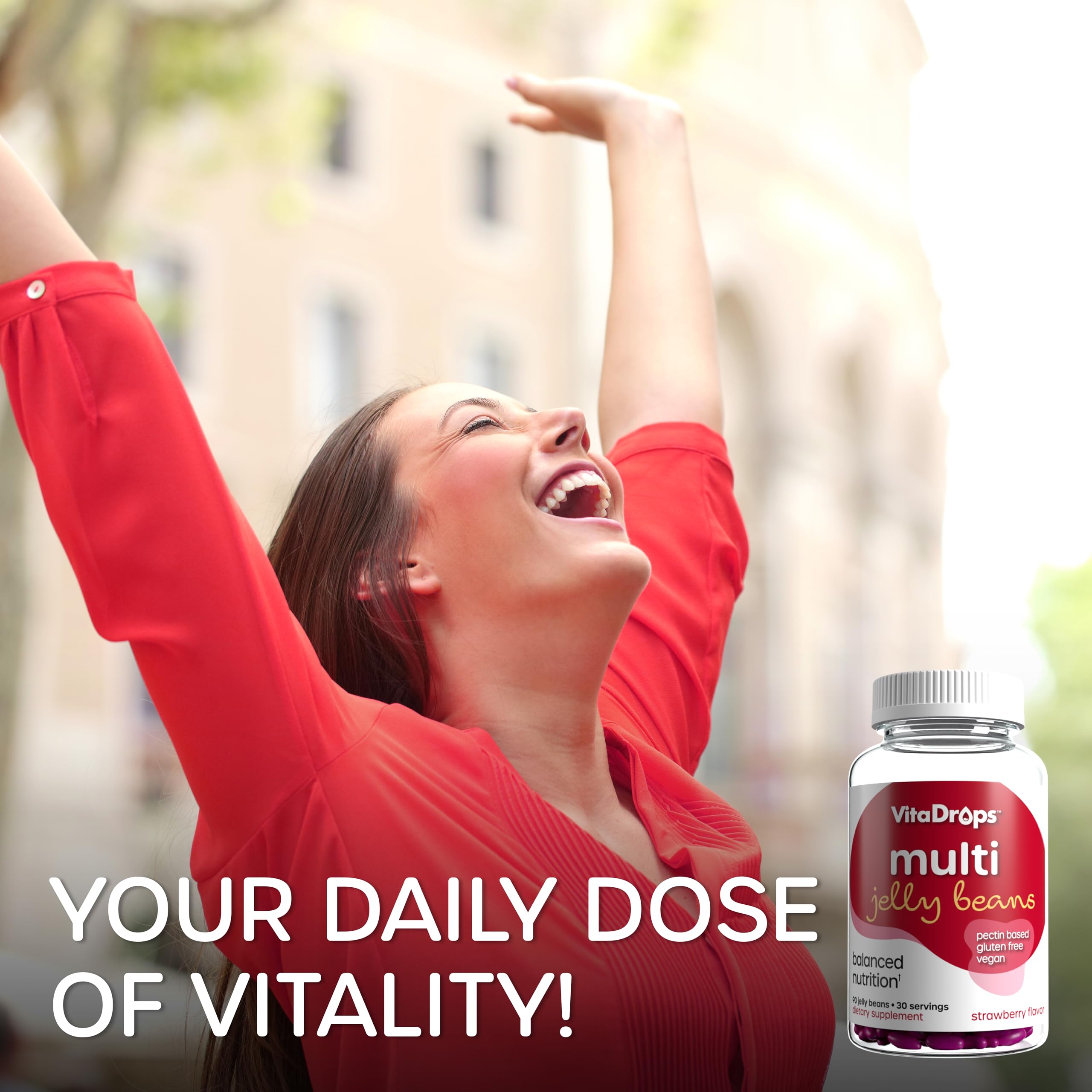 VitaDrops Multivitamin Jelly Beans, Women & Men, Source of Vitamin A C D E B-3 B-6 & Biotin, Supports Immune System, Pectin Based, Vegan & Gluten Free, Strawberry Flavor, 90 Jelly Beans, 30 Servings