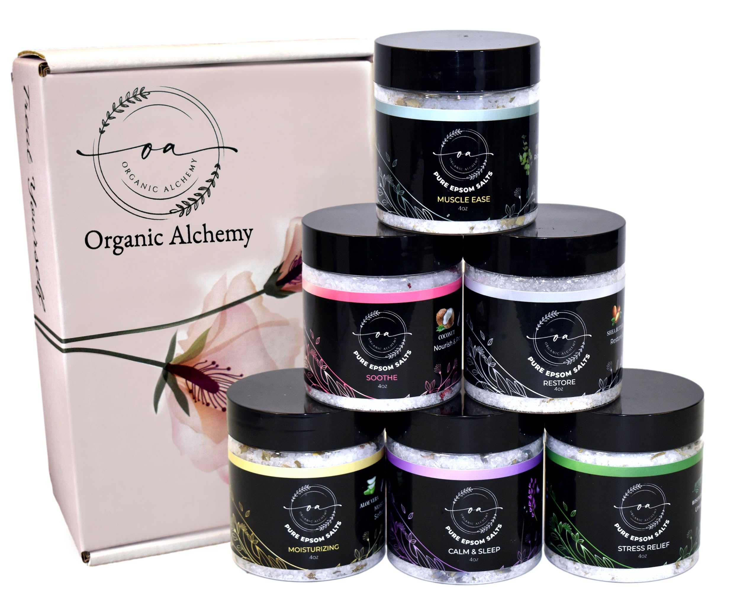 Epsom Bath Salts Gift Set, Relaxing Spa Salt & Essential Oils, Bubble Bath Soaks - Lavender, Eucalyptus, Coconut, Shea Butter, Rose Mary & Aloe Vera Self Care Gifts for Women (6 Pack)