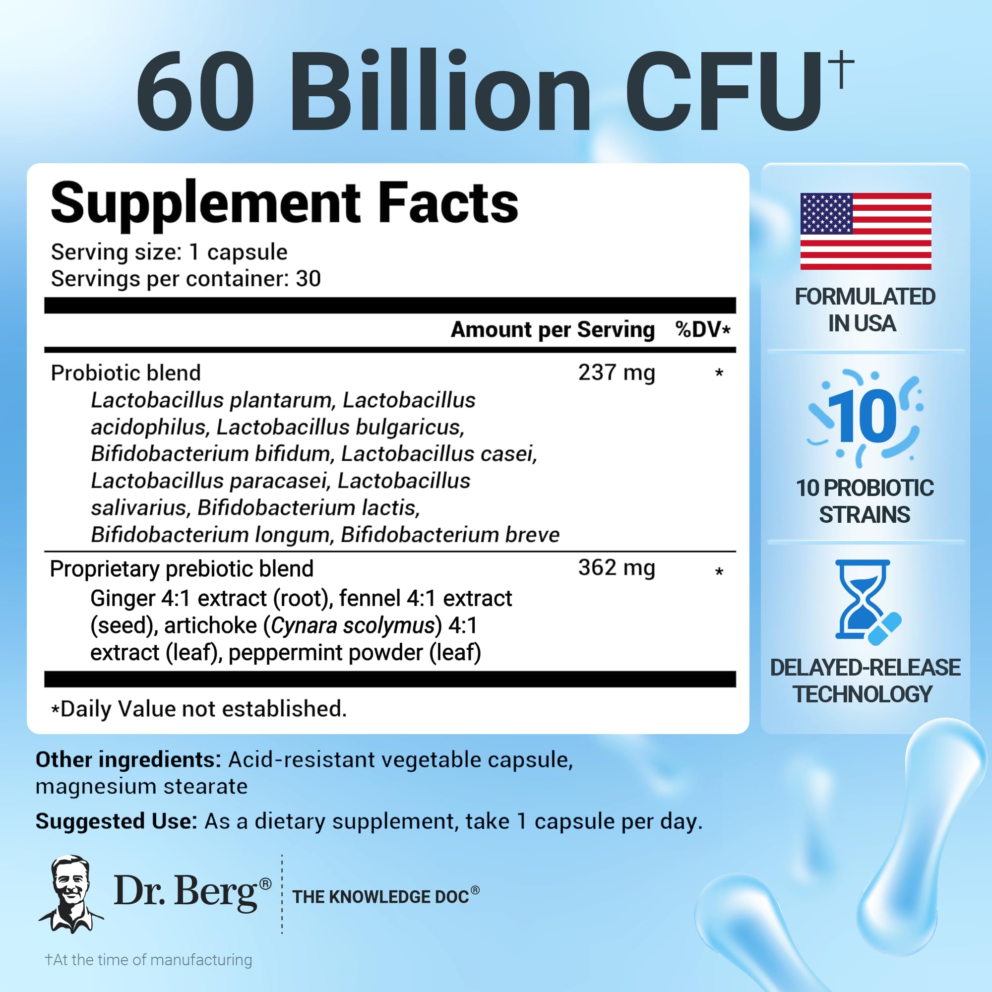 Dr. Berg 60 Billion Probiotic Supplement - Supports Occasional Constipation, Diarrhea, Gas & Bloating* - Pre and Probiotics for Digestive Health - 30 Probiotic Capsules