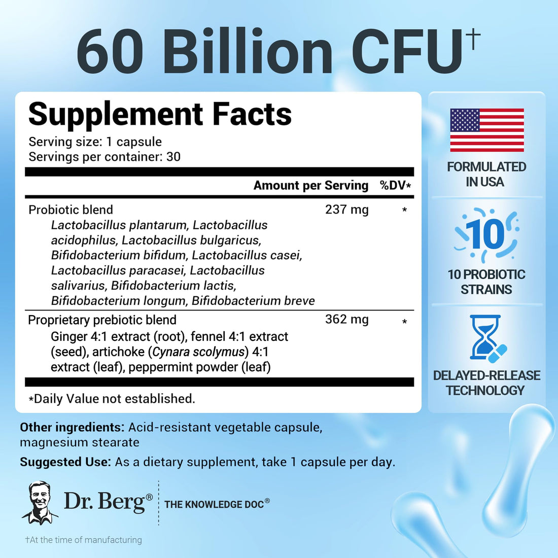 Dr. Berg 60 Billion Probiotic Supplement - Supports Occasional Constipation, Diarrhea, Gas & Bloating* - Pre and Probiotics for Digestive Health - 30 Probiotic Capsules
