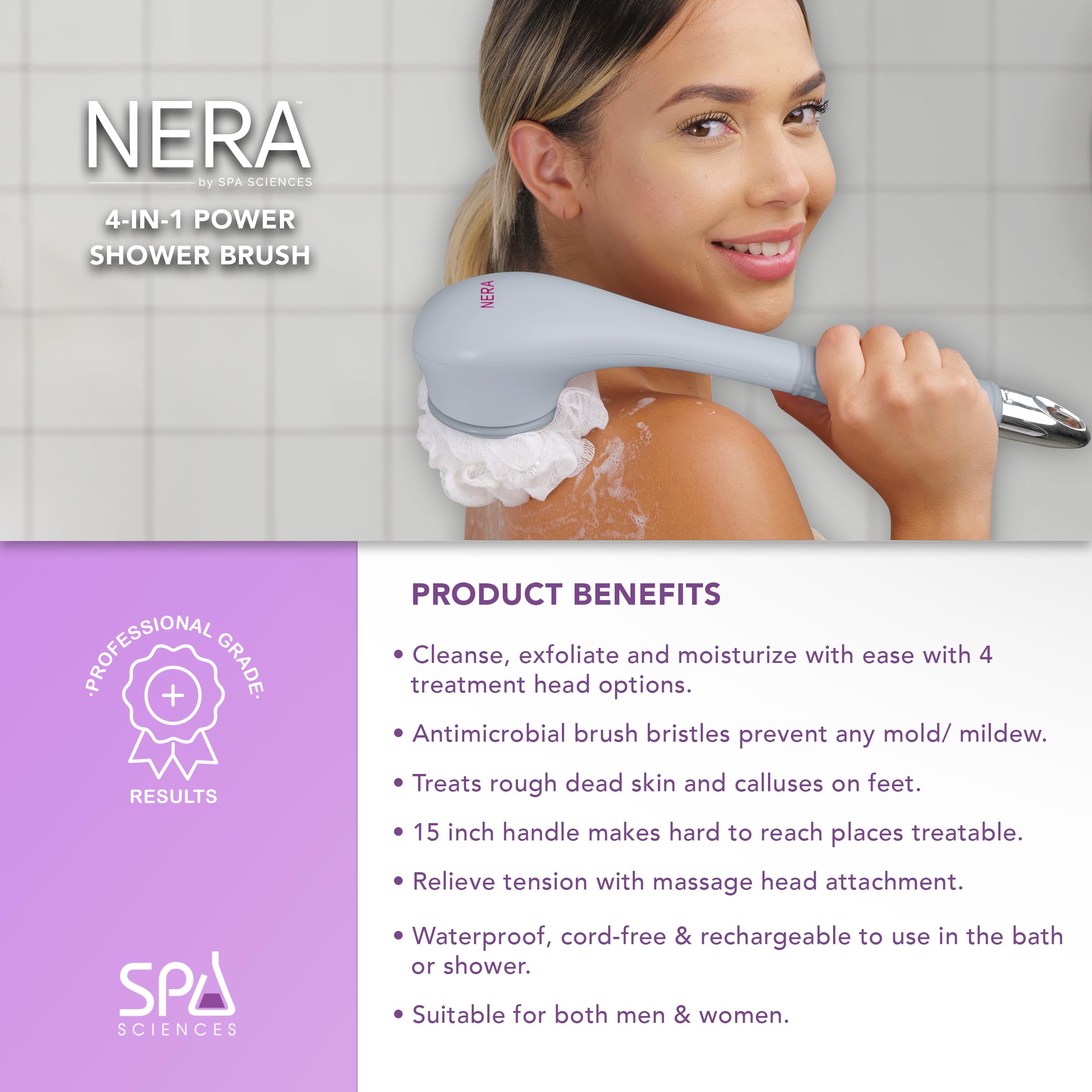 Spa Sciences NERA Shower Body Brush - 4-in-1 Multifunction Treatment - for Improved Exfoliation, Cleansing, Massaging - Includes Body Brush, Loofah, Pumice Stone, Massage Head - All Skin Types