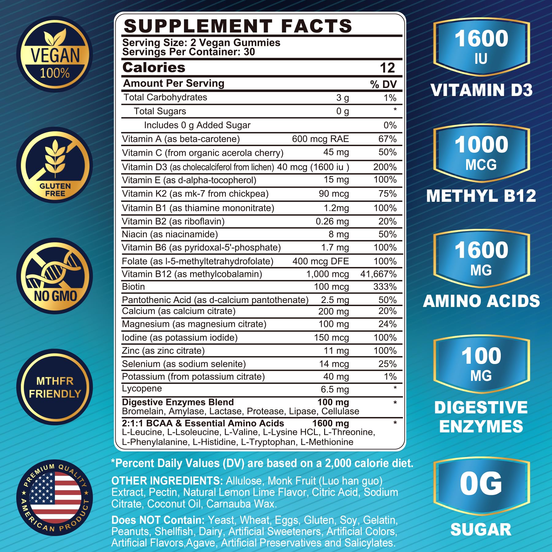 Methylated Multivitamin for Men Gummies, BCAA Amino Acids, Zinc, Vitamin A C D3 E K2 B6 B12 Biotin Calcium, Magnesium, Lycopene, Digestive Enzymes - Energy Muscle Immunity - Sugar Free, Vegan, 60 Cts