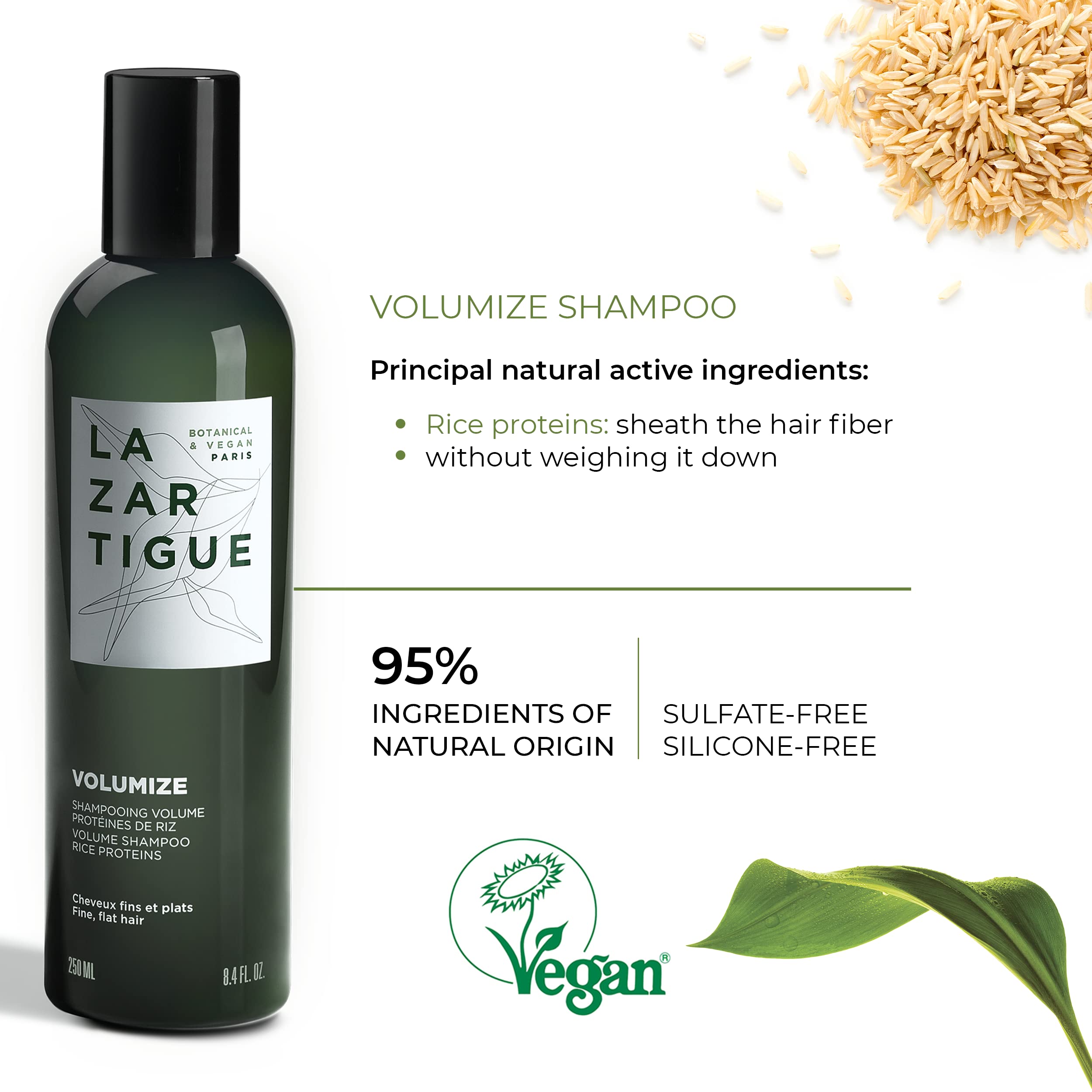 Lazartigue Volumize Shampoo, Rice Proteins, Adds Body & Shine to Fine Hair, Vegan, Sulfate & Silicone Free, 8.4 fl.oz.