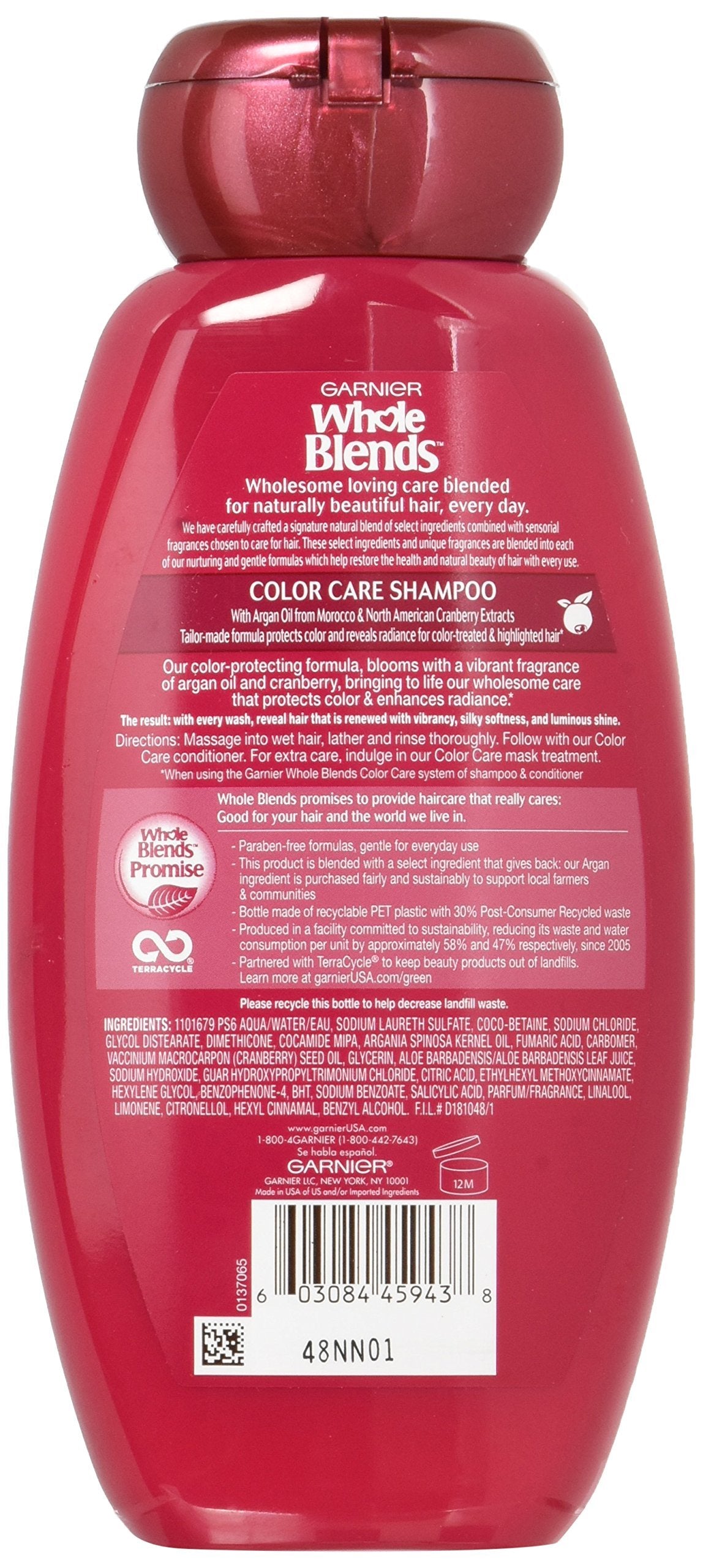 Garnier, Whole Blends Shampoo with Color Care fl. oz., Argan Oil & Cranberry Extracts, Argan Oil/Cranberry, 12.5 Fl Oz