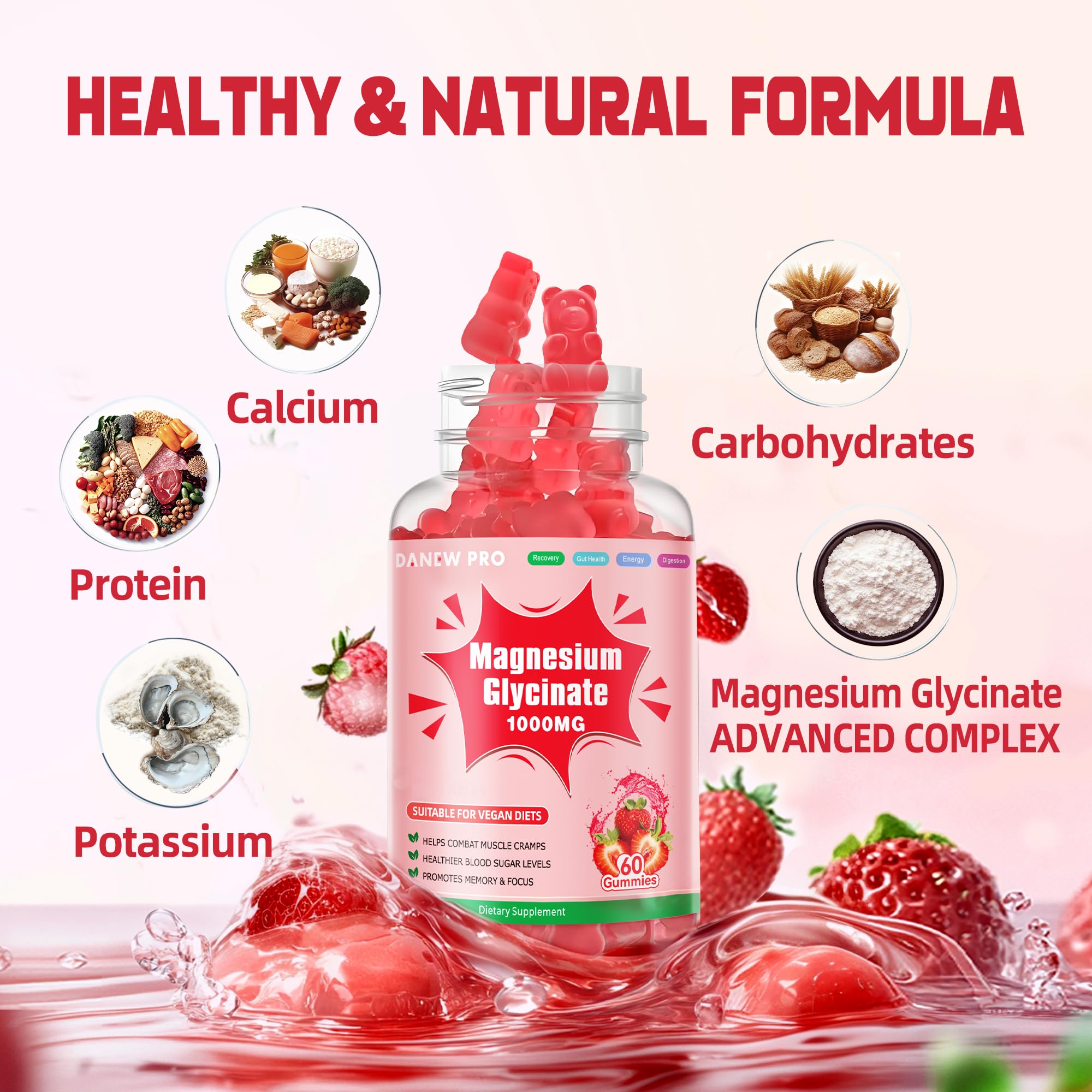 Magnesium Glycinate Gummies 1000mg - Sugar Free Magnesium Potassium Supplement with Vitamin D, B6, CoQ10 for Calm Mood & Sleep Support - 120 Strawberry Gummies