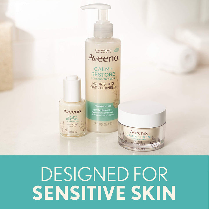 Aveeno Calm + Restore Nourishing Oat Cleanser 7.8oz with Restore Triple Oat Serum 1oz and Restore Oat Gel Moisturizer 1.7oz