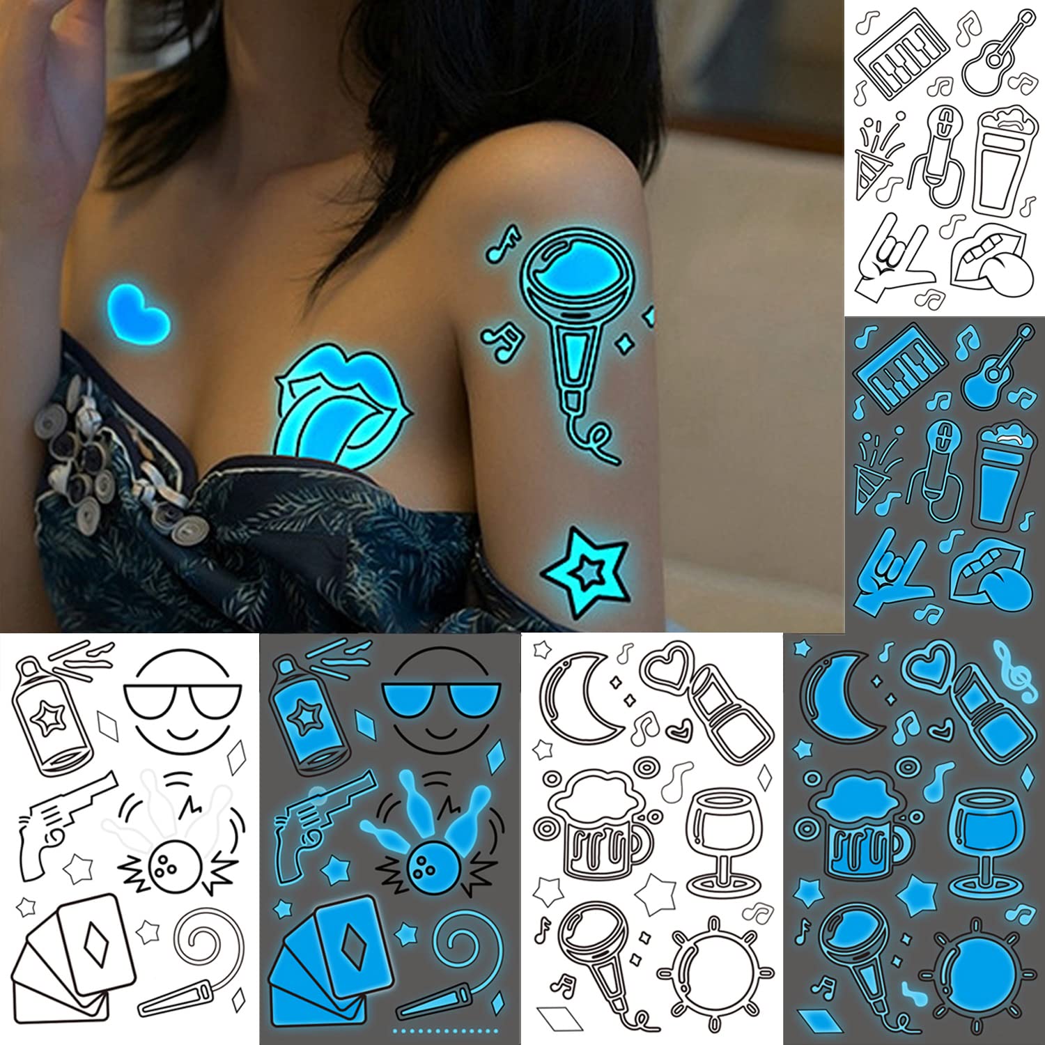 glaryyears 80+ Glow in the Dark Blue Temporary Tattoos for Adults, Mixed Style Tattoo, Luminous Pub Music Sexy Holiday Guns Fake Tattoo, Men Women Party Favor Supplies