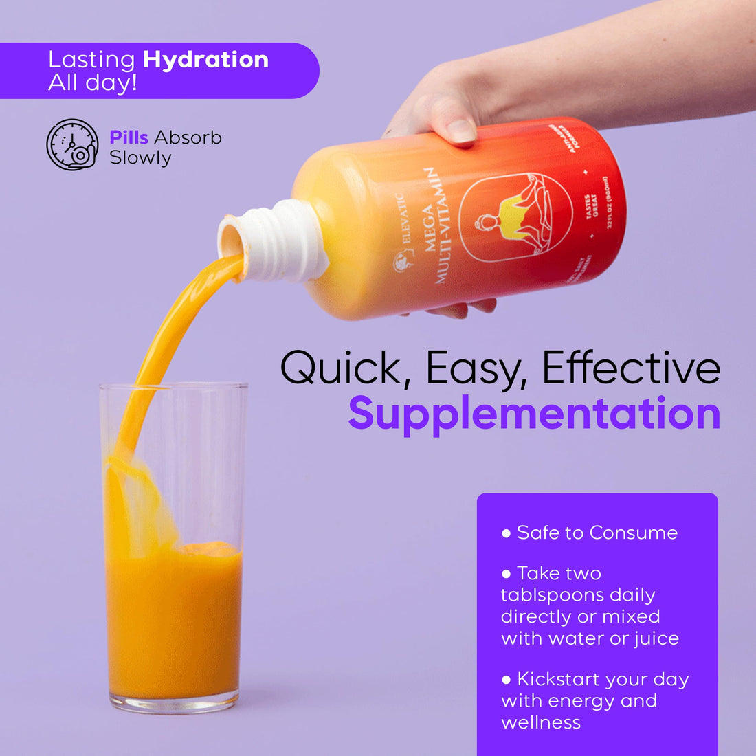 Elevatic Mega Liquid Multivitamin | 32 Fl.oz (960ml) | Easy to Consume Daily Use Multivitamin Liquid | Nutrition & Immune Support | Packed with Vital Nutrients for All