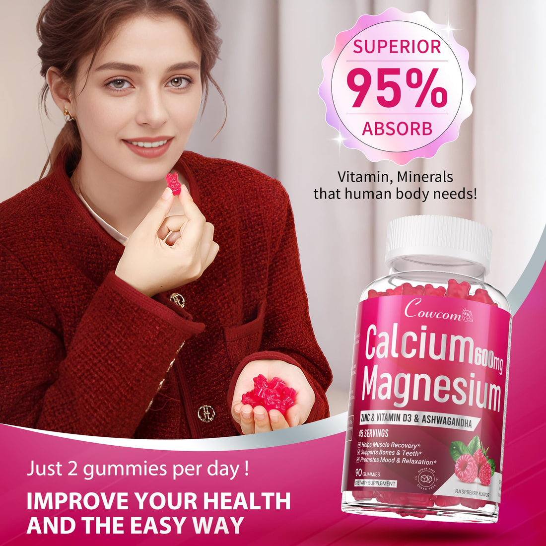 Calcium Magnesium Zinc Gummies Sugar-Free with Vitamin D3 B6 B12,High Absorption Calcium Magnesium Supplement,Bone, Muscles,Calm Mood,Sleep Support for Kids adults,90 Count Vegan Raspberry Flavor