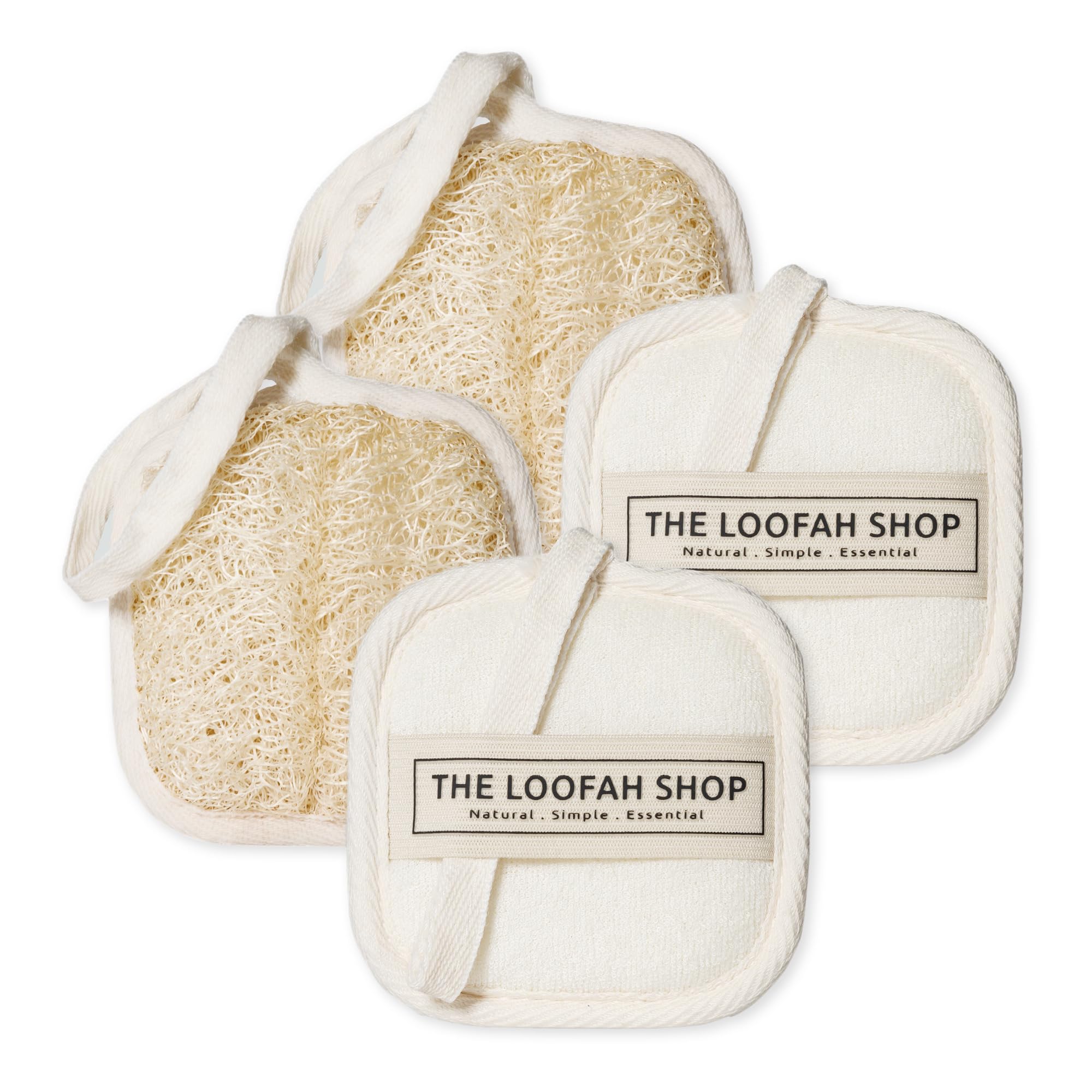 The Loofah Shop Premium Loofah Face Scrubber, Exfoliating Face Luffa Pad, Natural Cleansing Loofah Sponge for Deep Exfoliation. EcoFriendly Loofa for Men and Women in Cotton Travel Pouch, (1pack 4pcs)
