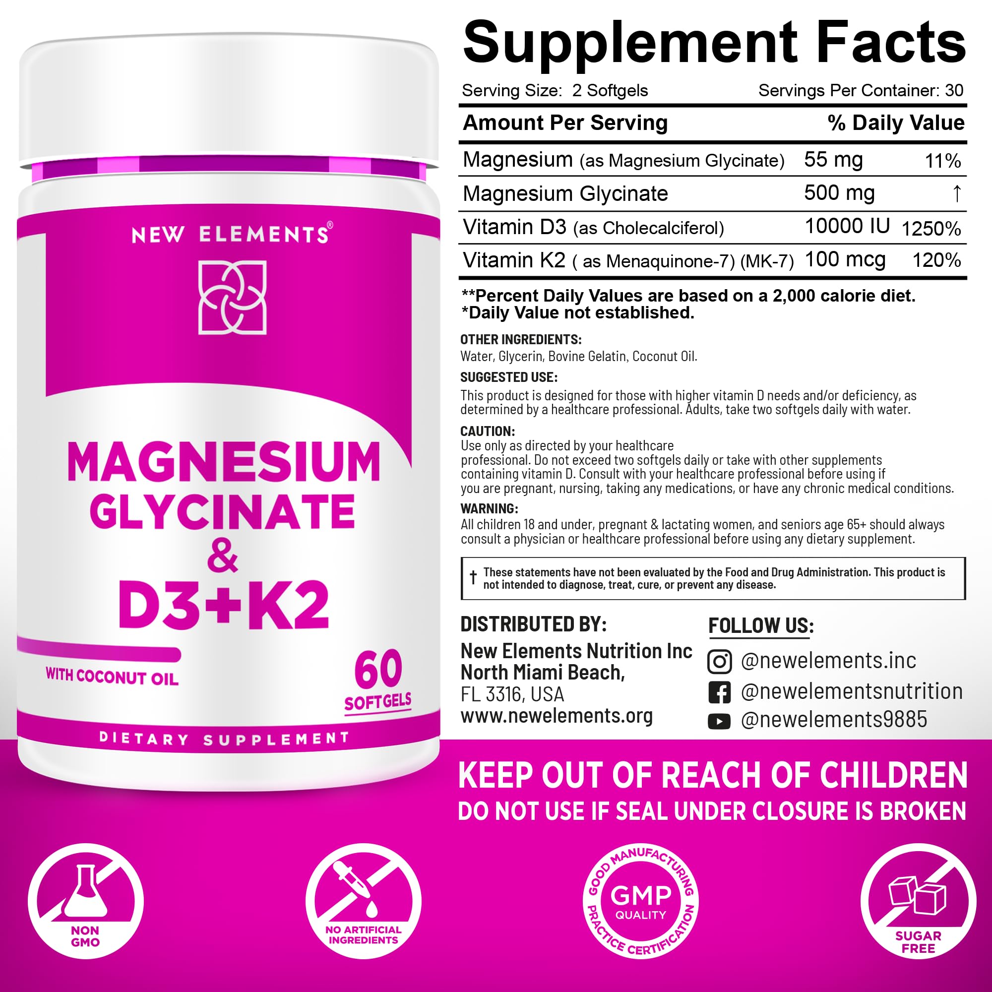 Magnesium Glycinate 500mg Softgels with Vitamin D3 and K2 | D3 10,000 IU | Vitamin K2 100mcg with Coconut Oil for Bone Health | Immunity Support | Non-GMO | Gluten-Free | Sugar Free