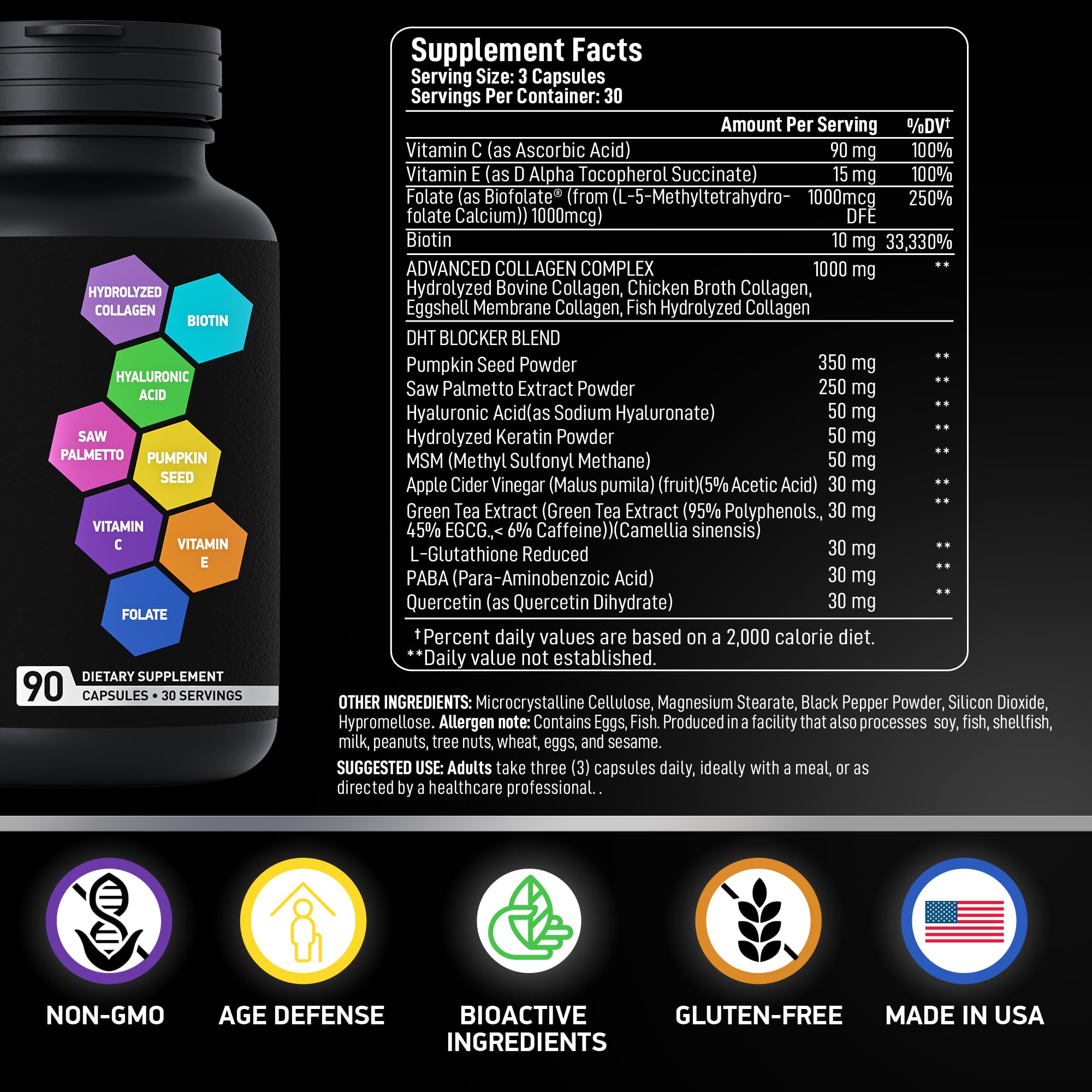 Age Defense Beauty Collagen Matrix - 2,000mg Multi Collagen Biotin Keratin Hyaluronic Acid Saw Palmetto Vitamin C Supplement Complex - DHT Blocker for Men & Women for Hair Growth - 90 Gluten-Free Caps