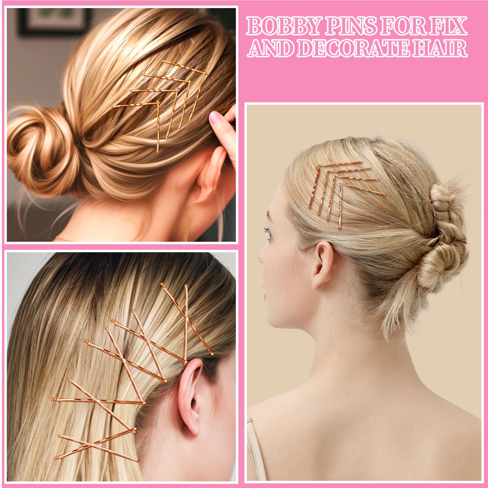Teenitor 300pcs Bobby Pins Rose Gold Hair, 100 Bobby Pins 100 Hair Pins for Women 100 Hair Bands Kit, Hair Pins for Buns 2 2.36 2.75 Rose Gold