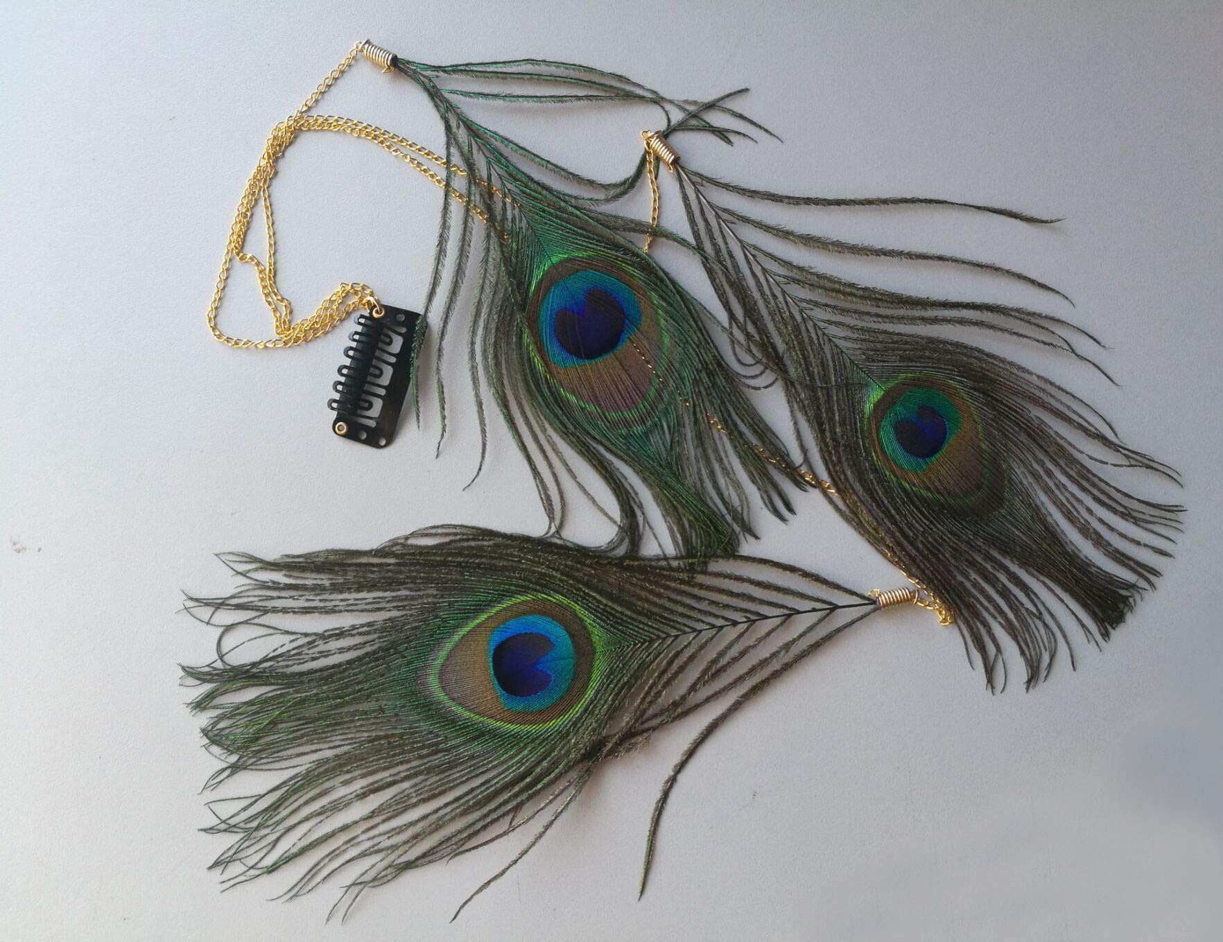 3PCS Handmade Peacock Feather Hippie Hair Extension Headdress Headband Bohemia Feather Hair Clips Comb Hairpin Headdress for Women