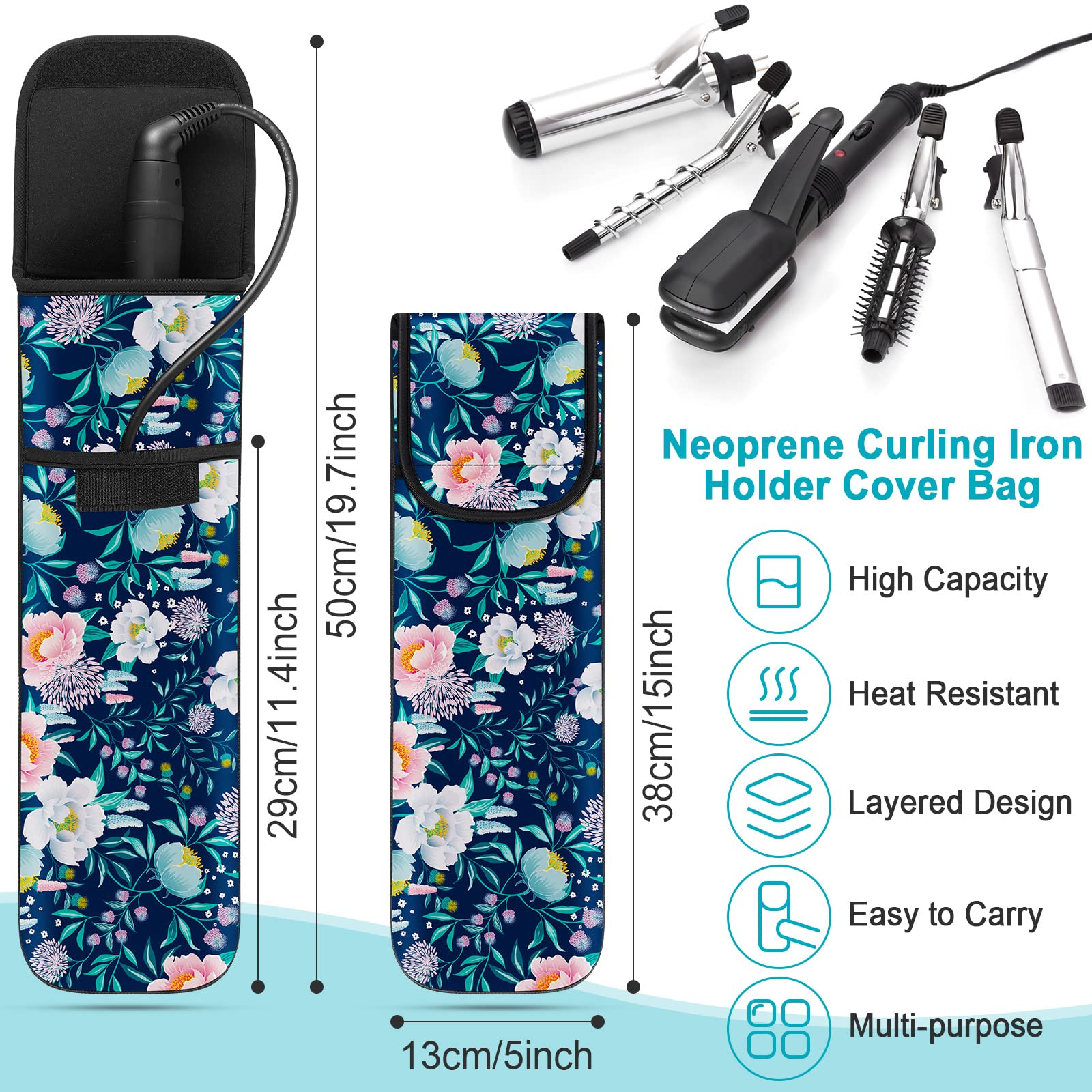 2 Pieces Flat Iron Case Holder Heat Resistant Curling Iron Neoprene Straightener Holder and Silicone Travel Mat for Hair Tools Curling Iron Organizer Bag or Travel Daily Use (Black,Flower Pattern)