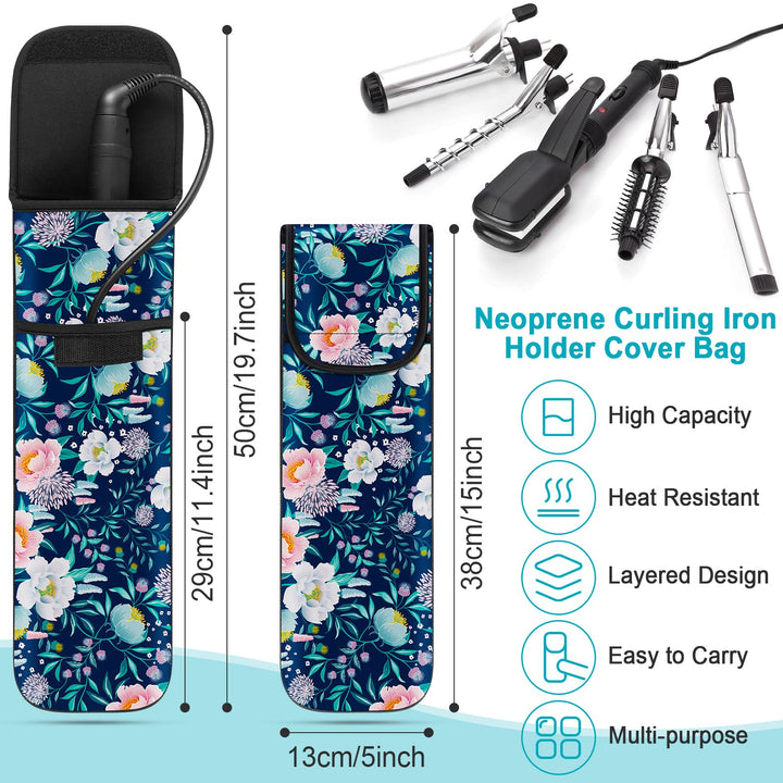 2 Pieces Flat Iron Case Holder Heat Resistant Curling Iron Neoprene Straightener Holder and Silicone Travel Mat for Hair Tools Curling Iron Organizer Bag or Travel Daily Use (Black,Flower Pattern)