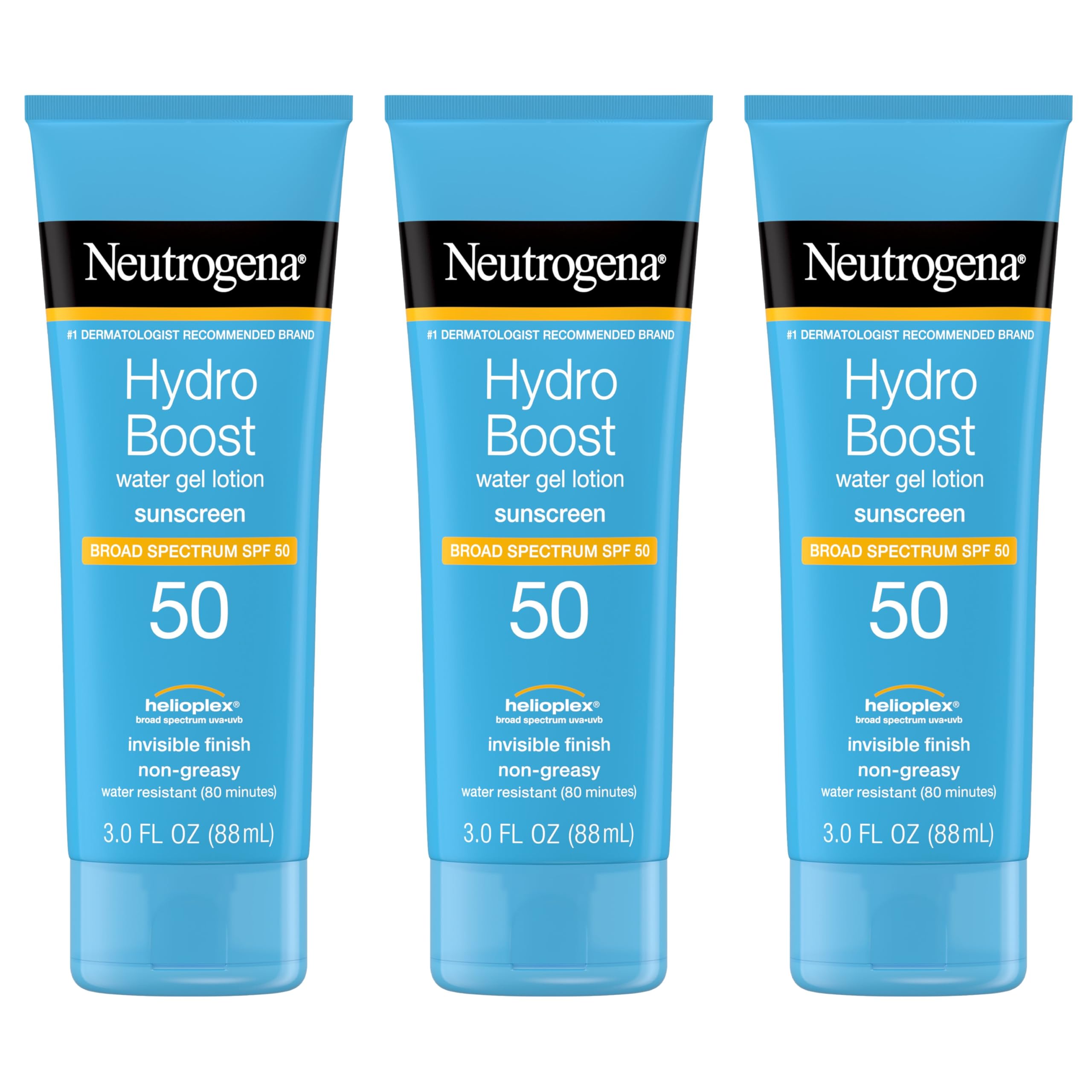 Neutrogena Hydro Boost Water Gel Moisturizing Sunscreen Lotion, Broad Spectrum Sunblock SPF 50, Water Resistant Travel Size Sunscreen For Sensitive Skin, 3 FL OZ (3-Pack)