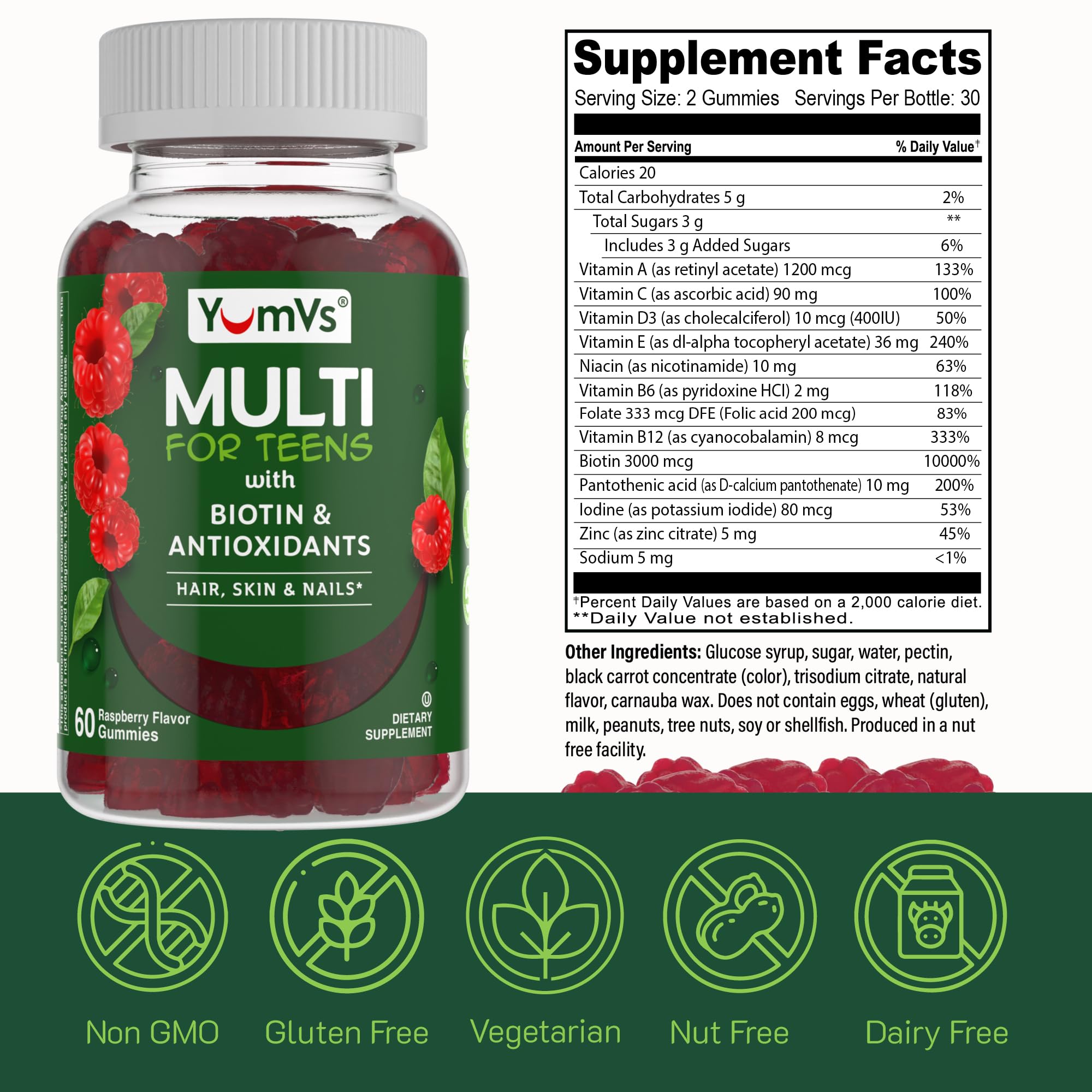 YumVs Teen Multivitamin Gummies with Biotin and Antioxidants - Raspberry Flavor - Hair Skin Nails Support - Vegetarian Kosher Teen Vitamins for Boys and Girls 12-17 - Teen Gummy Vitamins (60 Count)