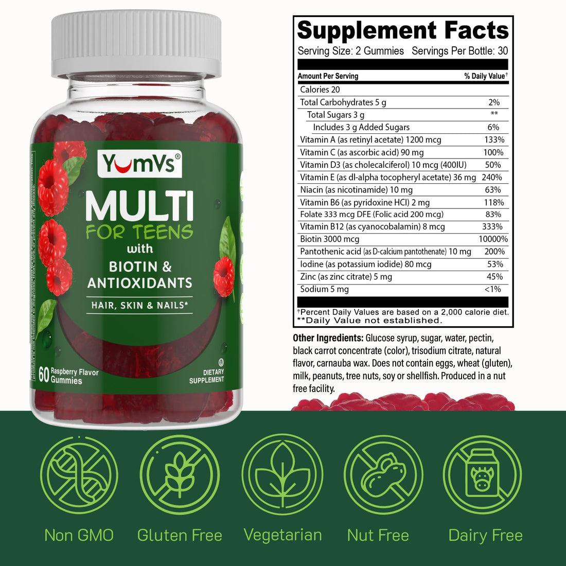 YumVs Teen Multivitamin Gummies with Biotin and Antioxidants - Raspberry Flavor - Hair Skin Nails Support - Vegetarian Kosher Teen Vitamins for Boys and Girls 12-17 - Teen Gummy Vitamins (60 Count)