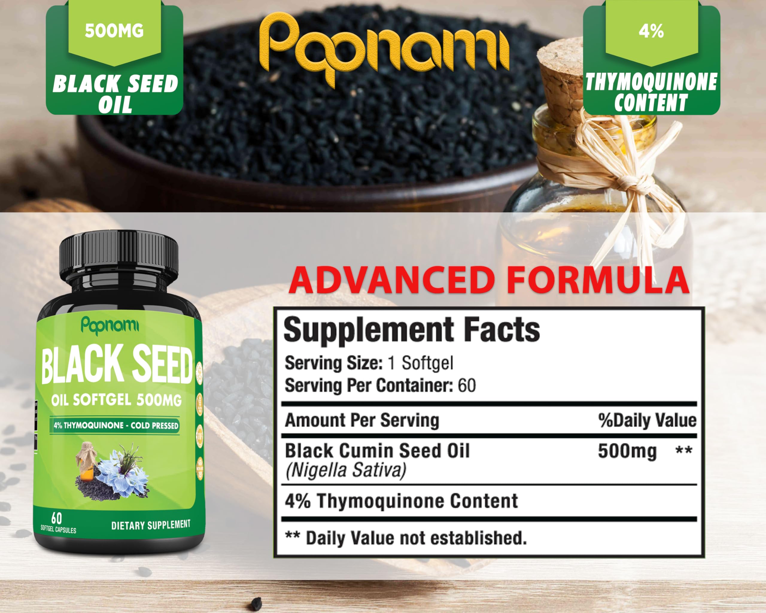 Premium Black Seed Oil Softgel Capsules - 2 Packs 60 Counts 500mg - 4 Month Supply for Immunity, Circulation, Digestive, Skin, Hair & Body Management