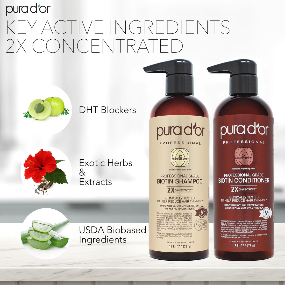 PURA D'OR Professional Grade Anti-Hair Thinning 2X Concentrated Actives Biotin Shampoo & Conditioner (16oz x 2), No Sulfates, Clinically Tested, All Hair Types, Men & Women (Packaging Varies)