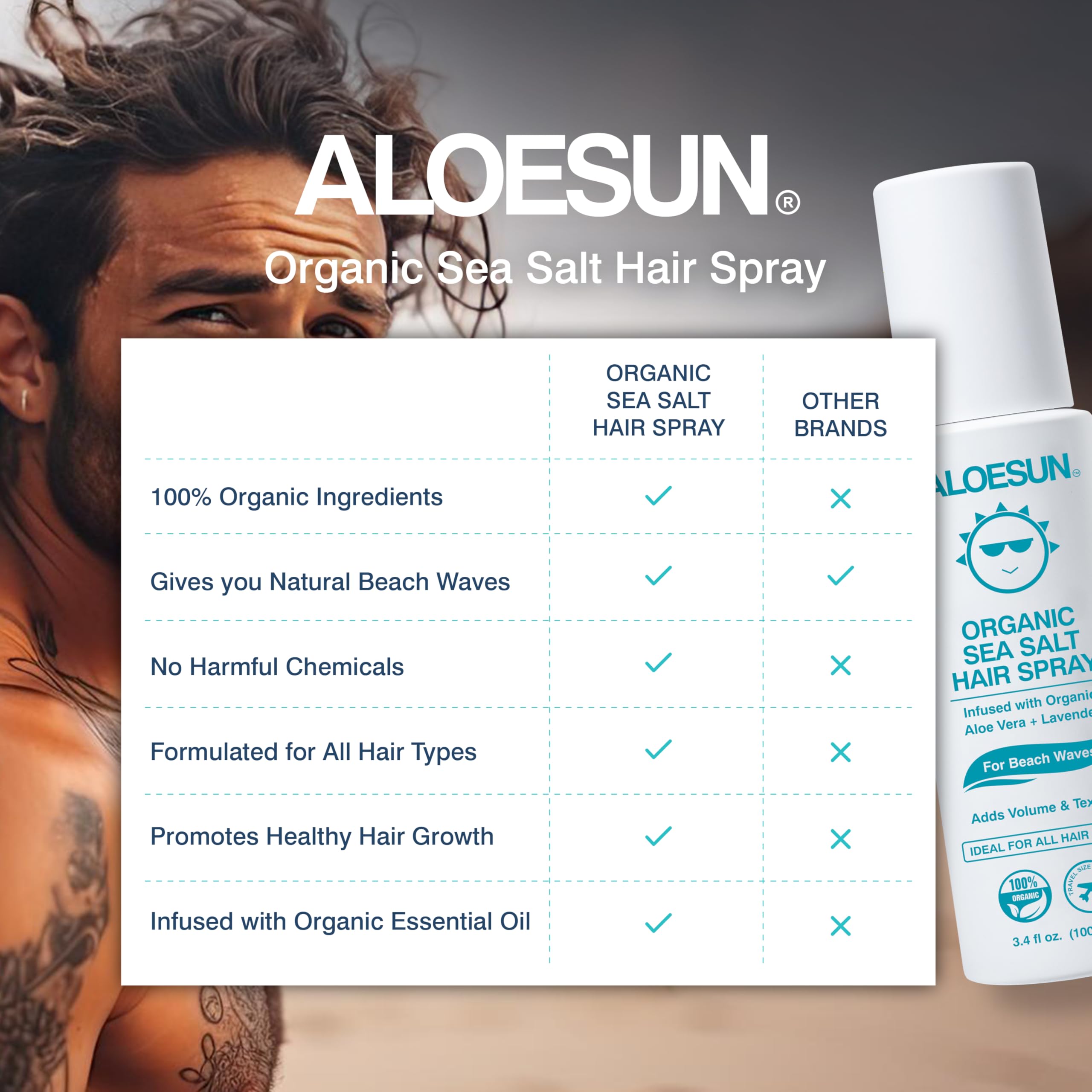 ALOESUN Organic Sea Salt Hair Spray - Texture & Volume Hairspray for Men & Women with Aloe Vera & Lavender - Styling Texturizing Volumizing Products for Wavy Curly & Fine Hair - Travel Size Bottle