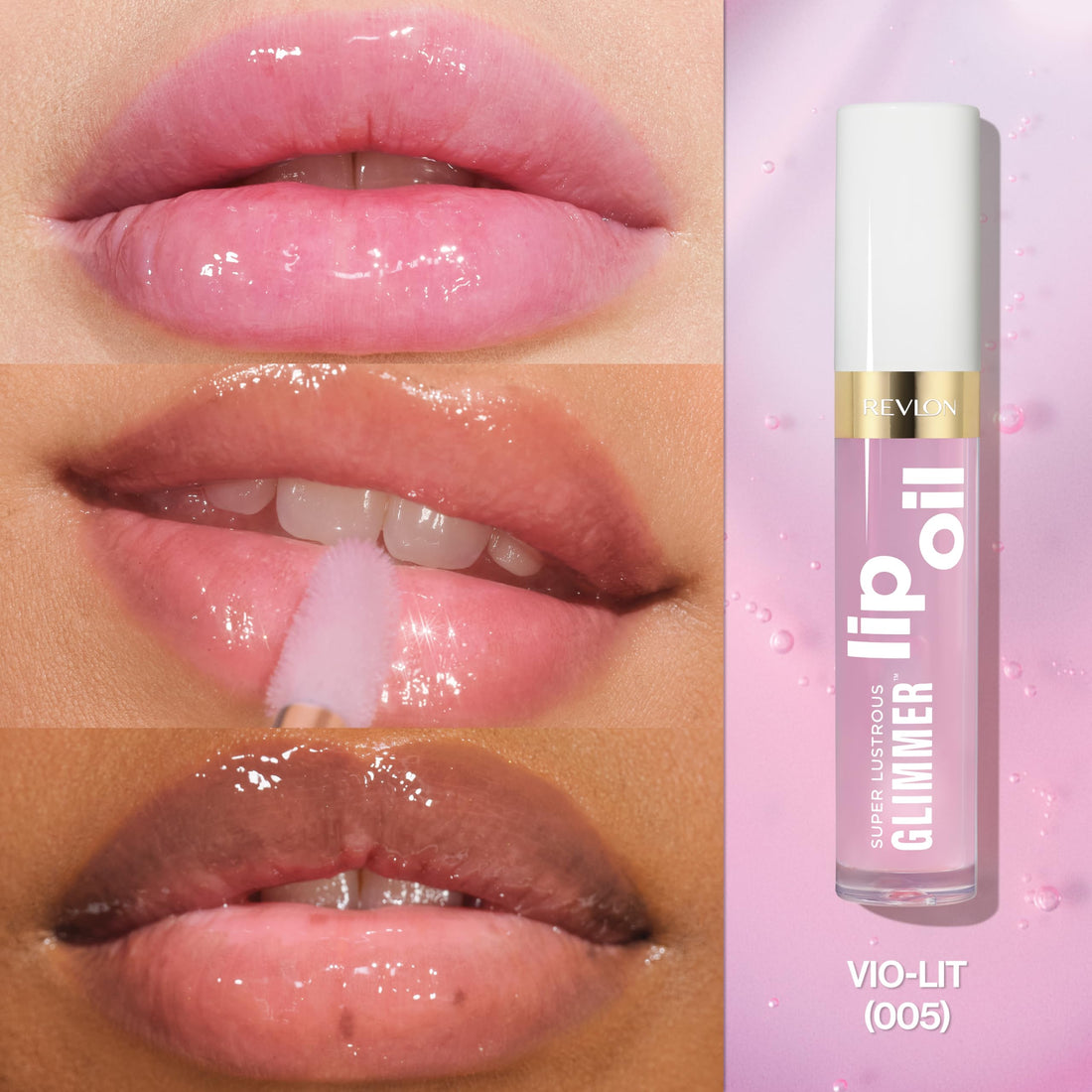 REVLON Super Lustrous Glimmer Lip Oil, Moisturizing & Tinted, Shiny Finish, Made with Plant-Based Squalane, 005 Vio-lit, 0.13 fl oz