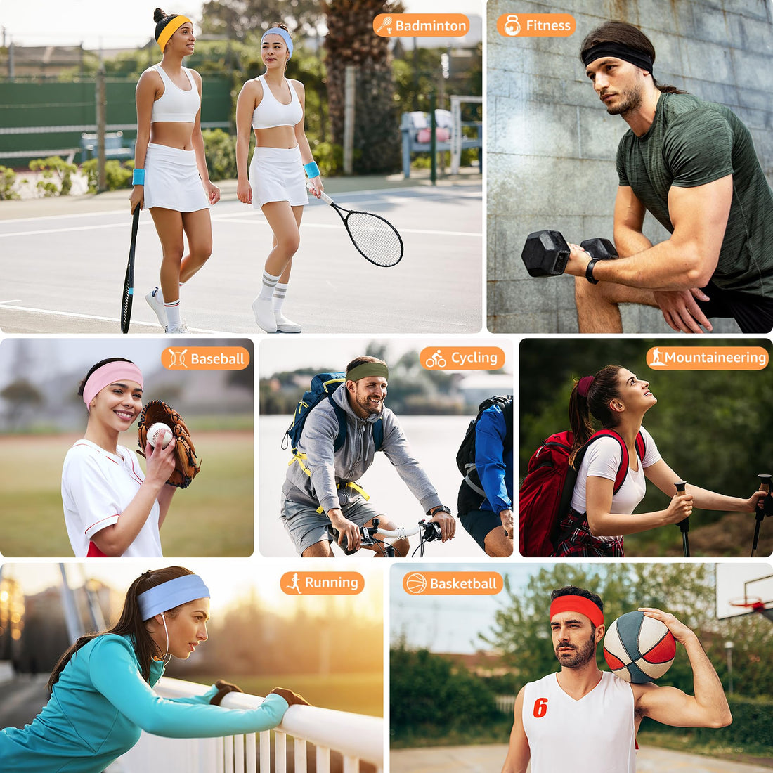 DiyJibb Headbands for Women, Stretchy Non Slip Soft Cotton Cloth Hair Bands for Sports, Workout, Yoga and Running, 7pcs (Black, Military Green, Burgundy, Bright red, Orange, Flesh)