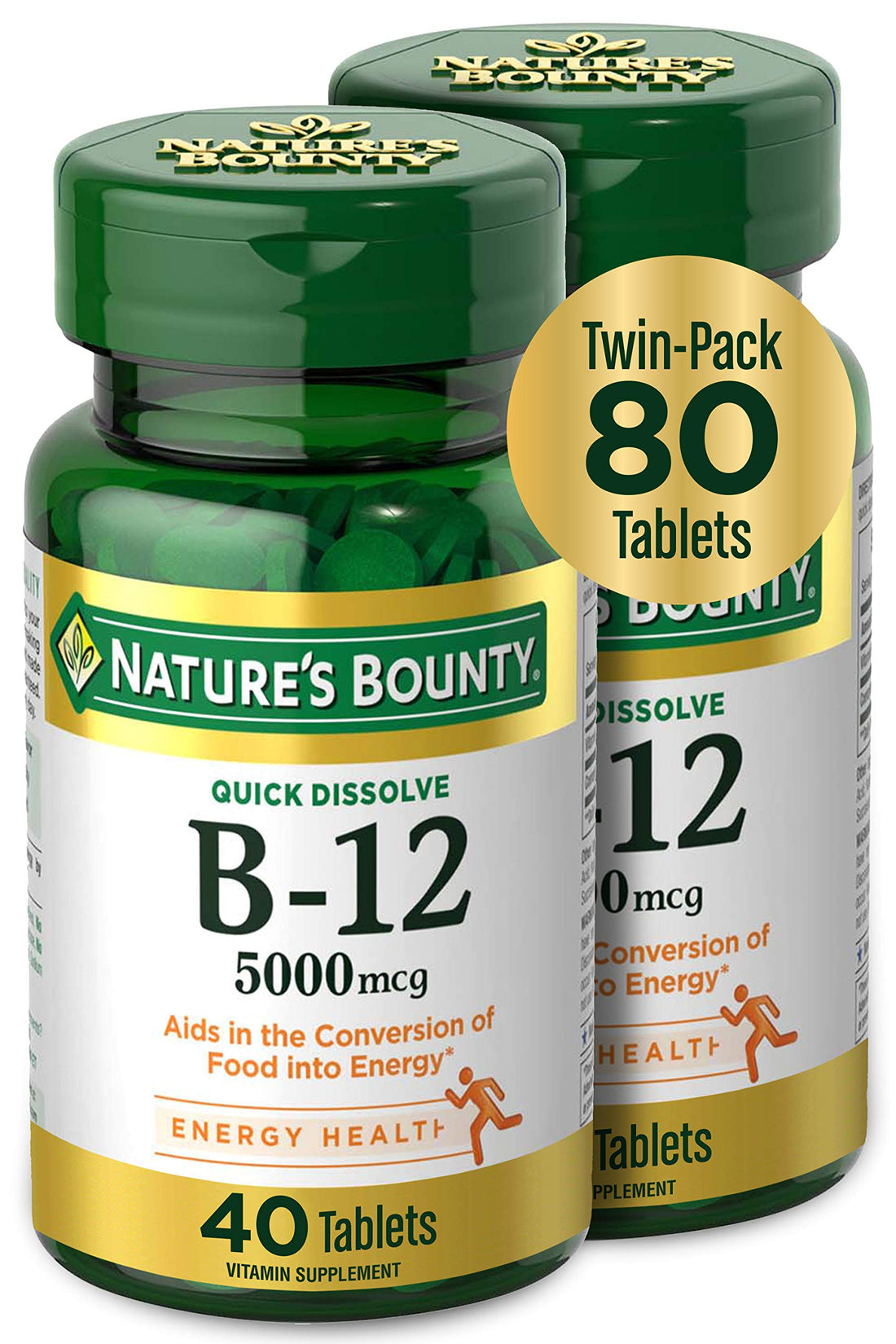 Vitamin B12 by Nature's Bounty, Quick Dissolve Vitamin Supplement, Supports Energy Metabolism and Nervous System Health, 5000mcg, 40 Tablets (Pack of 2)