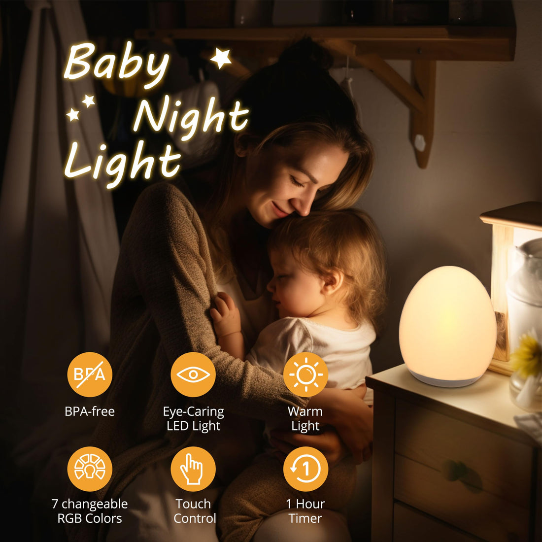 JolyWell Night Light for Kids, Baby Egg Light with 7 Colors Changing Mode & Stepless Dimming, Nursery Night Lamp BPA Free,Rechargeable Egg Night Light for Breastfeeding 1h Timer & Touch Control