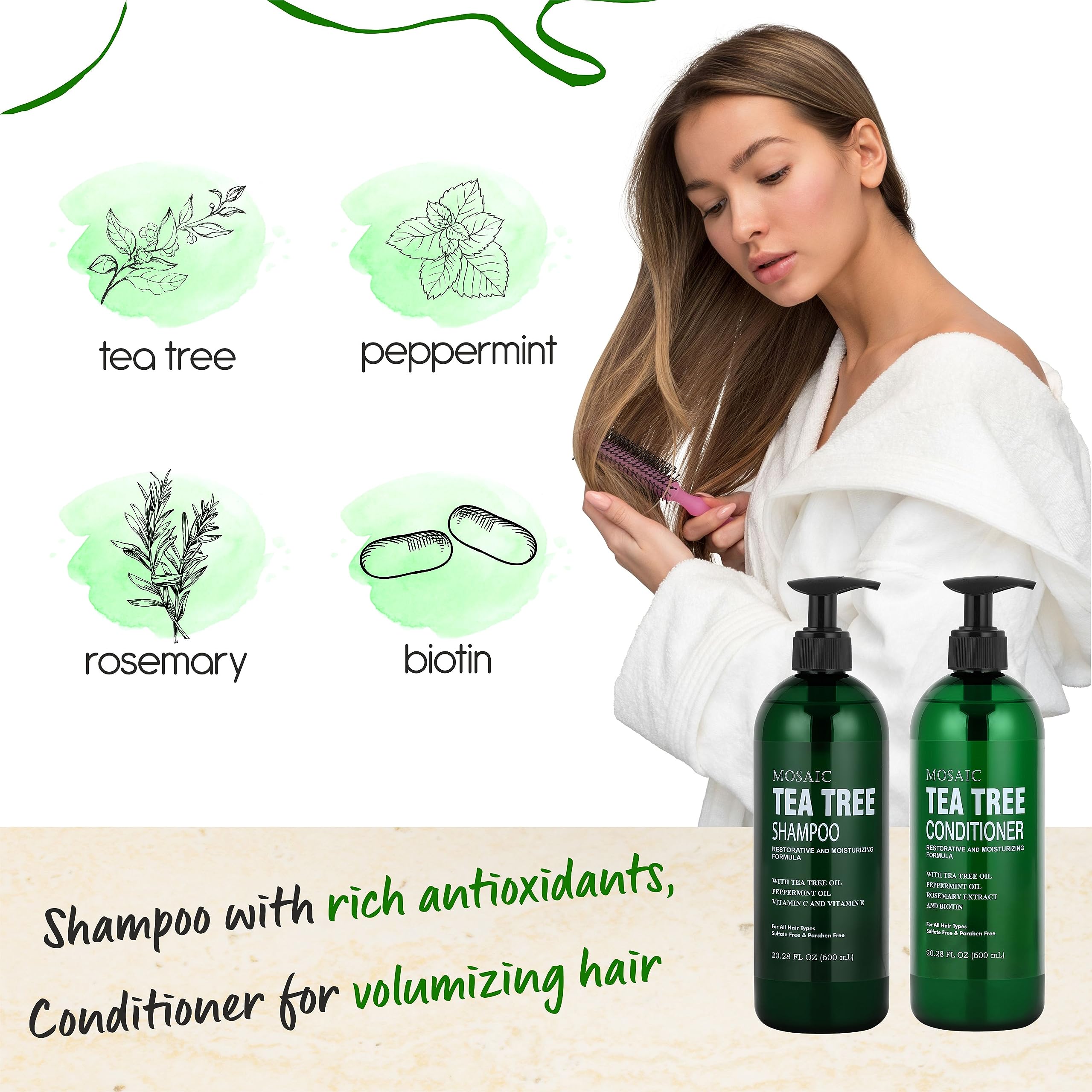 Tea Tree Shampoo and Conditioner Set for Hair Growth, Thinning Hair Loss Treatments Women & Men, Thickening Products, Paraben & Sulfate Free 20.2 FL Oz Each.