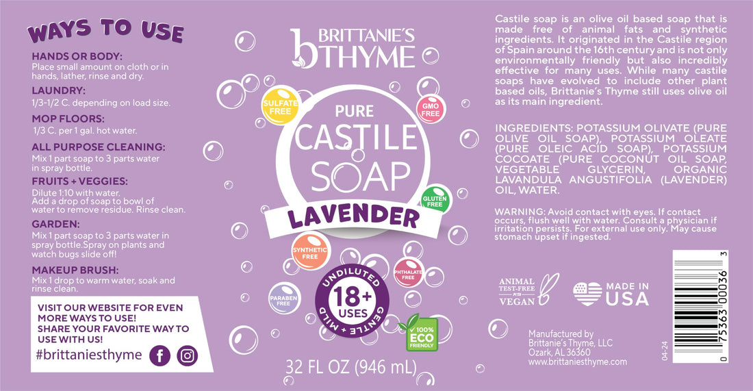 Brittanie's Thyme Pure Castile Liquid Soap Refill | For Hair & Body, Gentle and Pure, Made with Natural Luxurious Oils, Vegan & Gluten Free Non-GMO (Lavender, 32 oz (Pack of 2))