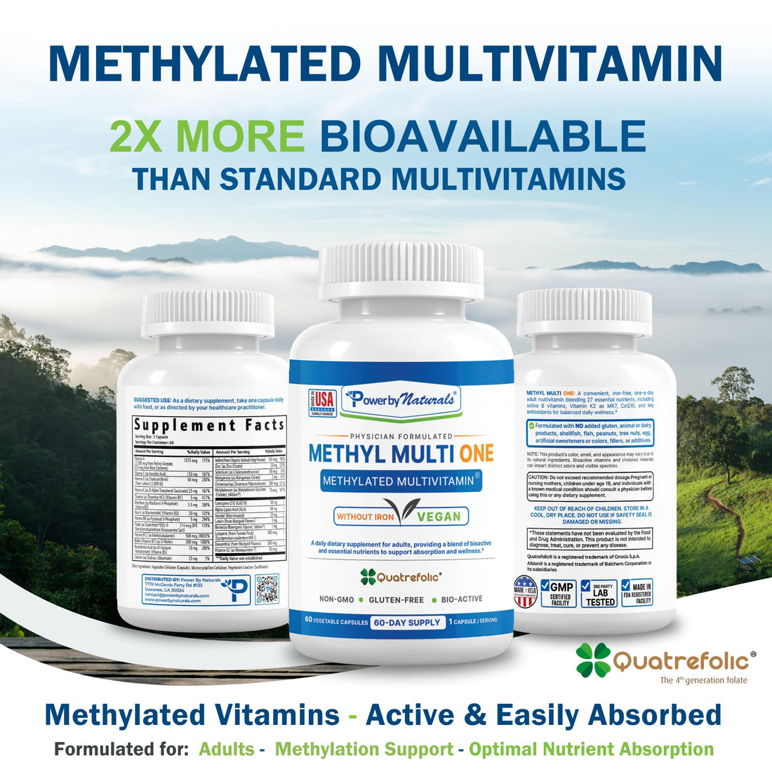 Power By Naturals Methyl Multi One - Iron-Free Methylated Multivitamin with Quatrefolic 5-MTHF, Active B12, P5P, CoQ10 & Zinc for MTHFR Support - Energy & Focus Formula - 60 Capsules (2-Month Supply)