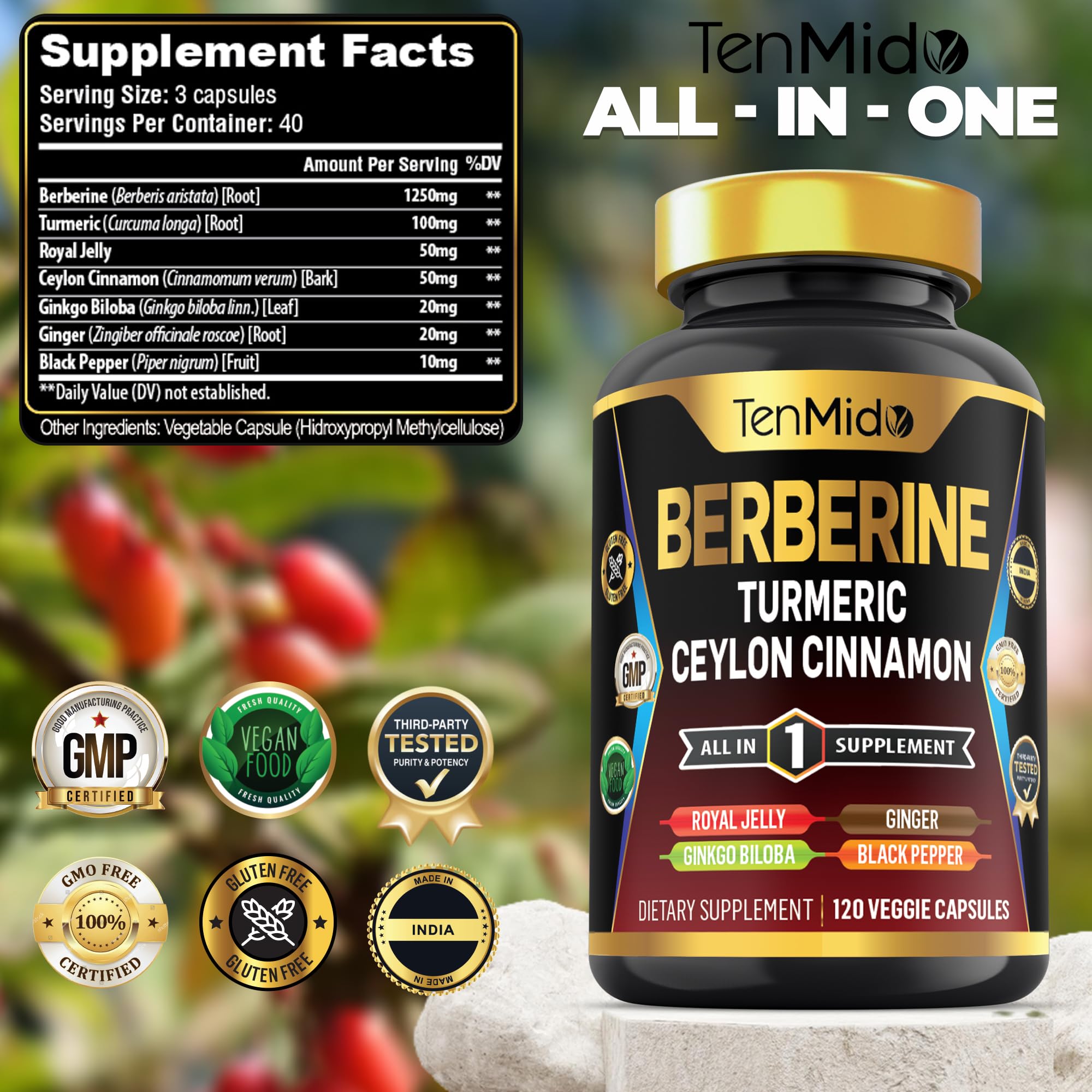 Tenmido Berberine Supplement - 7in1 Formula - Combine with Turmeric, Royal Jelly, Ceylon Cinnamon, Ginkgo Biloba, Ginger & Black Pepper - Digestive Health, Immune Support - 120 Capsules