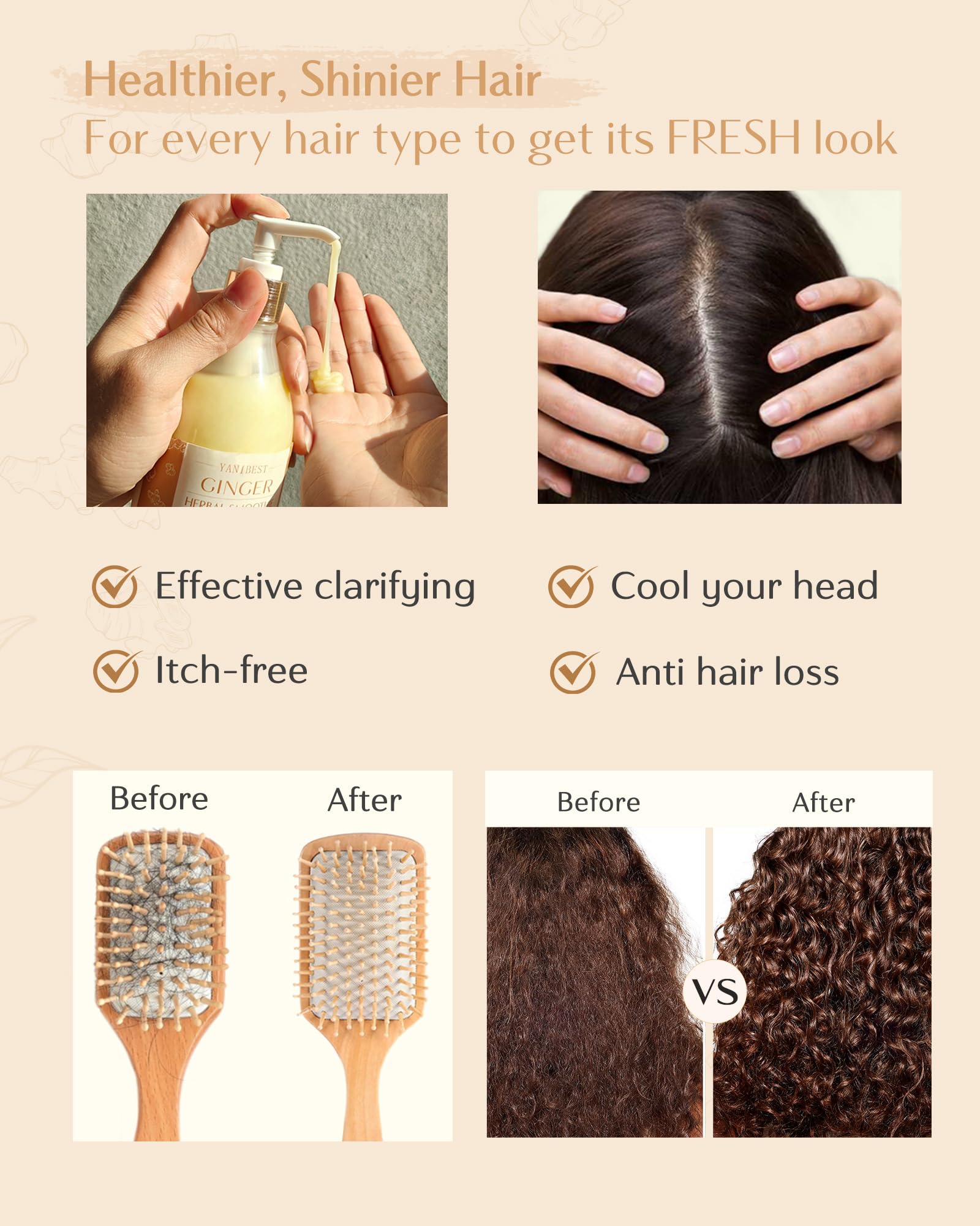 YANIBEST Anti Dandruff Shampoo Natural Formula Ginger Shampoo, Organic Shampoo, Improve Scalp Environment, for Clarifying Strengthen Moisturize, Itch-free