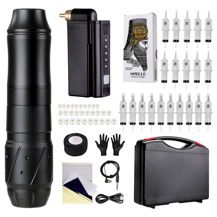 HAWINK Tattoo Machine Rotary Pen Kit 20pcs Tattoo Needles Cartridge Tattoo Grip Tape Wrap with Suitcase EM155KITP199-1