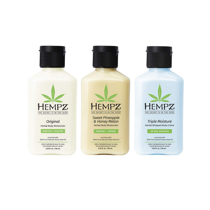 Hempz Original, Sweet Pineapple & Honey Melon, and Triple Moisture Travel Size Moisturizers, Pure, Natural & Herbal Hemp Seed Lotion for Dryness, 2.25oz, 3-Pack Bundle