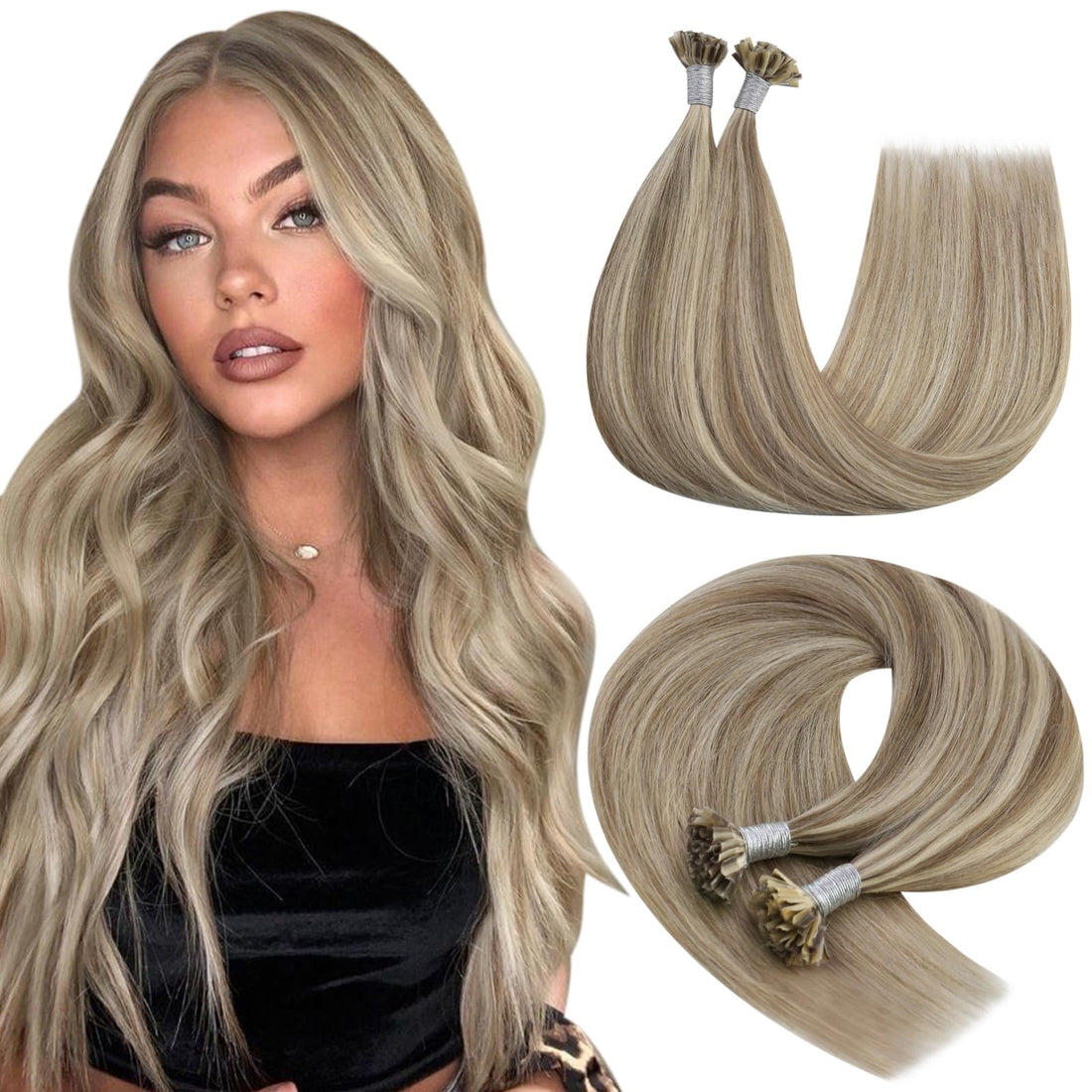 16, Light Brown With Golden Blonde: Youngsee 16 Piano Color U Tip Hair Extensions Human Hair Ombre Light Brown Highlighted Blonde 100% Real Pre Bonded Nail Tip Hair Extensions 50G/Set