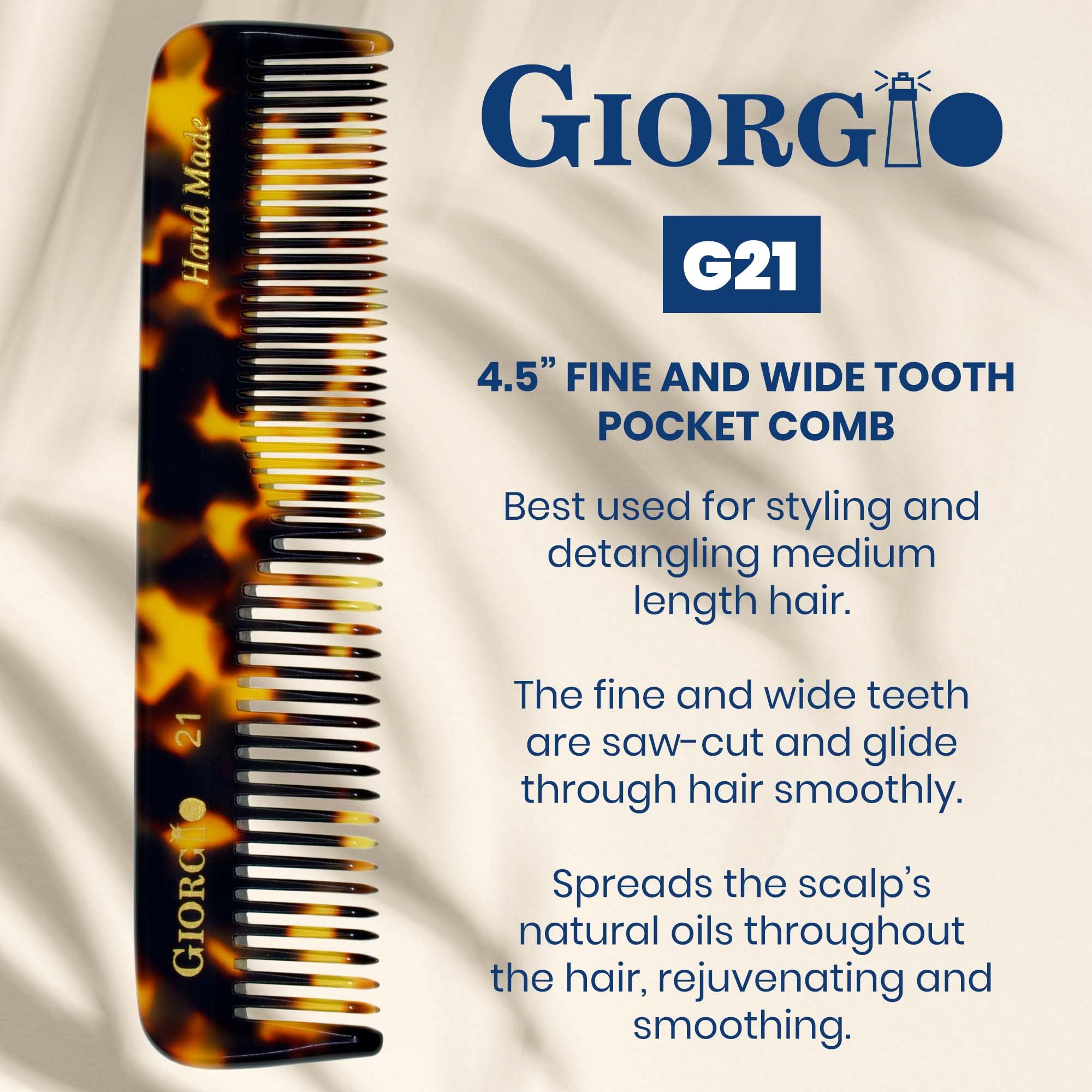Giorgio G21 Coarse/Fine Toothed, Flexible, Men's Hair, Beard, and Mustache Pocket Comb - Handmade of Quality Durable Cellulose, Saw-cut and Hand Polished (4.45 in. / 113mm) (2-Pack, Tokyo)