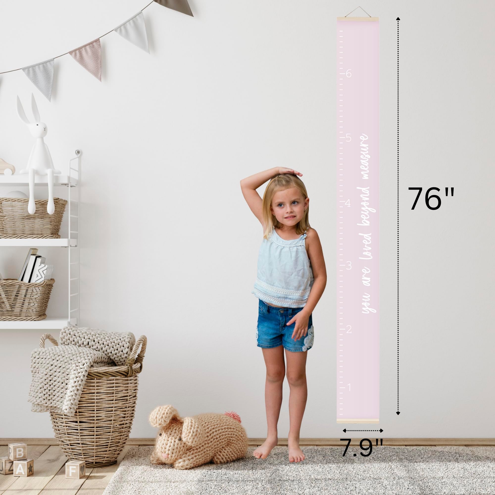 Morxy Canvas Growth Chart for Kids - Unisex Room Wall Decor - Measuring Height Wall Tape (Loved Beyond Measure- Pink)