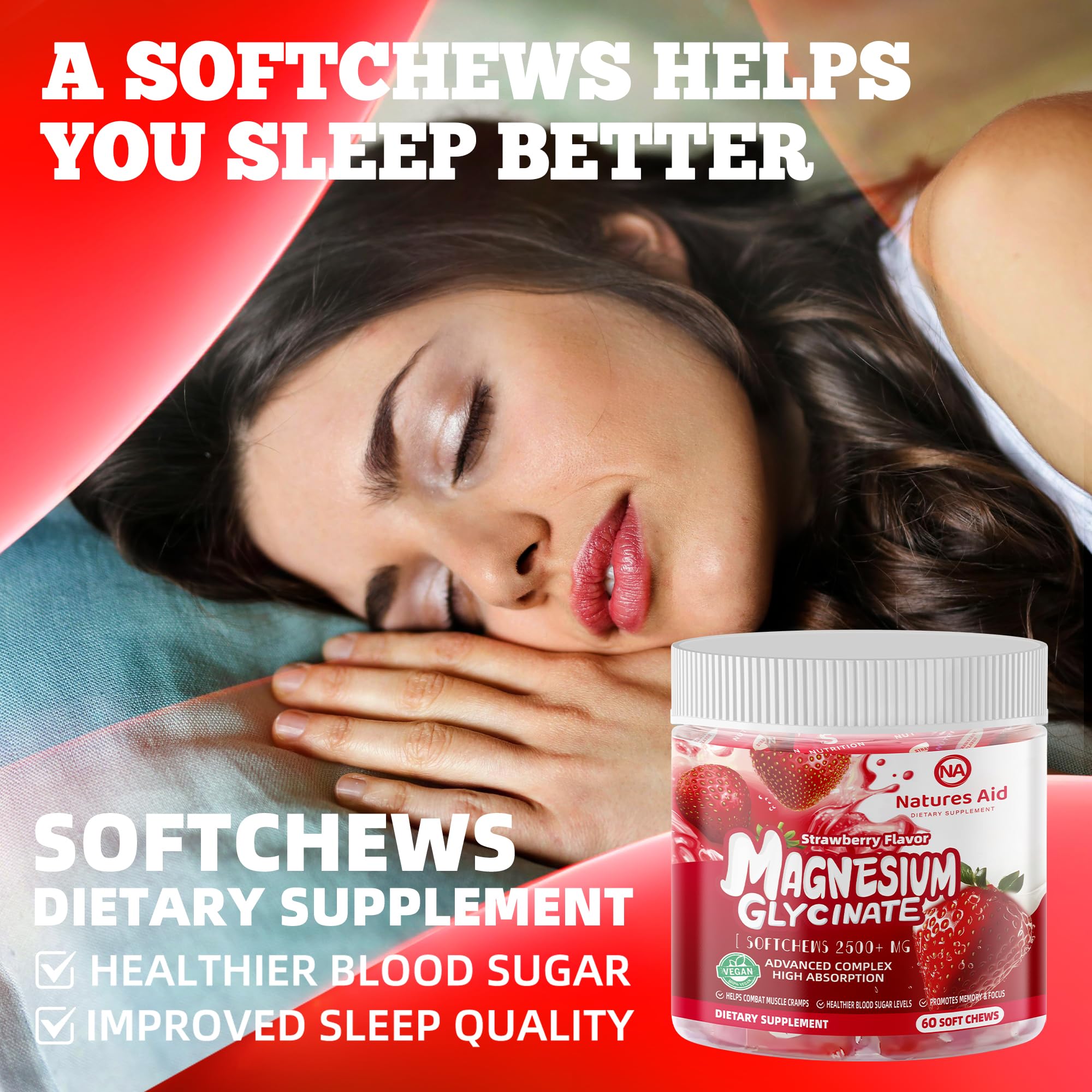 Magnesium Glycinate Soft Chews, Strawberry Flavor.Chewable Sugar Free Potassium Magnesium Chews with Magnesium Glycinate, Vitamin D, B6, and CoQ10 for Calm Support & Sleep for Adults, 60 Days Supply