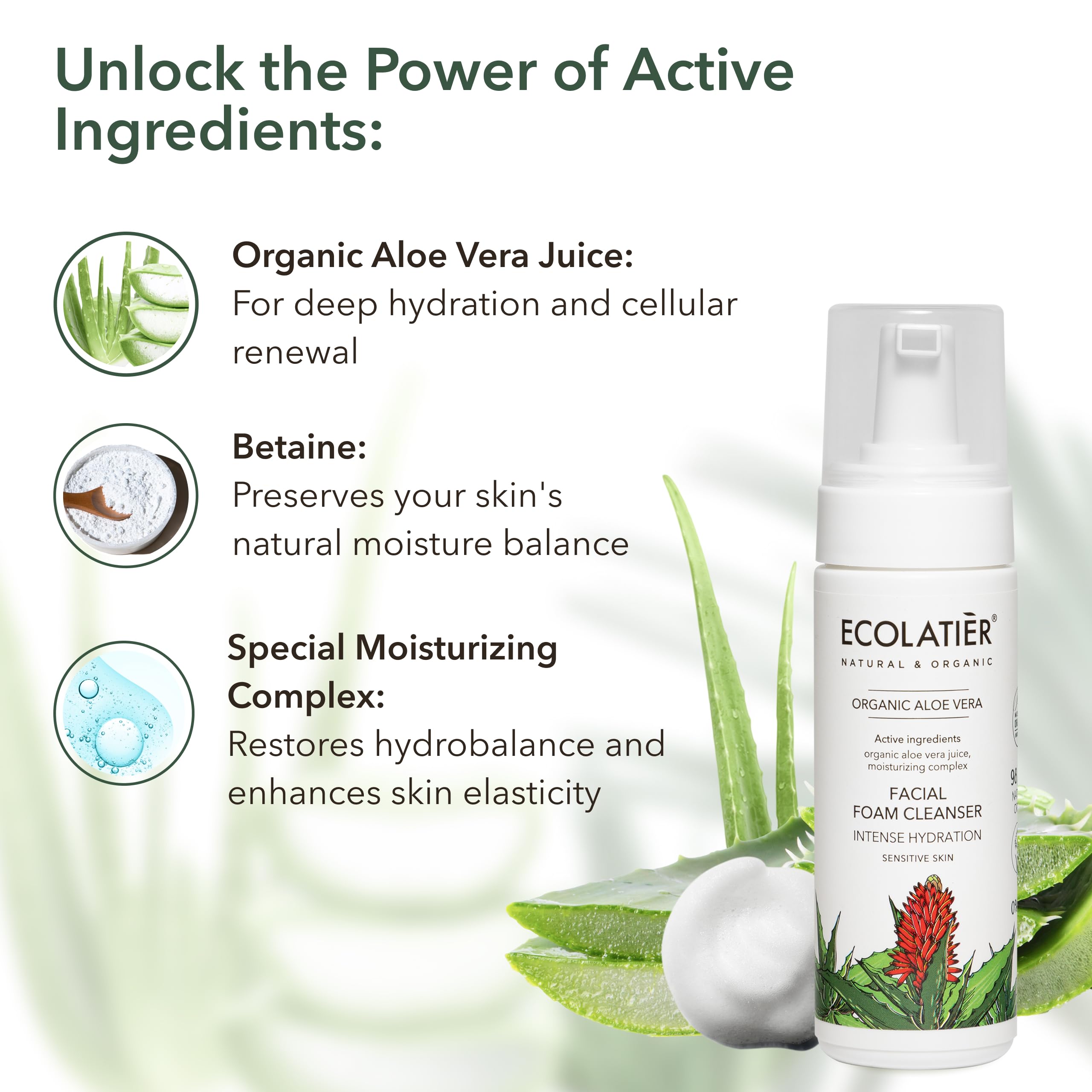 ECOLATIÈR Foaming facial cleanser with Organic Aloe Vera, 98.6% Natural, Vegan Face Wash for Women, Gentle Hydrating Cleanser for Sensitive Skin, Removes Makeup & Impurities, 5.1 Fl Oz
