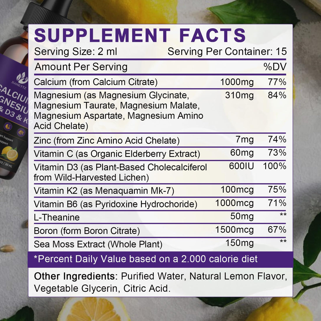 JIANKYTZ Calcium Magnesium Zinc 1300mg with Magnesium Glycinate, Vitamin C D3 K2 B6 and Sea Moss | Calcium Supplement Calcium with Vitamin D3 K2 Liquid Drop | Gluten Free | 2 Pack