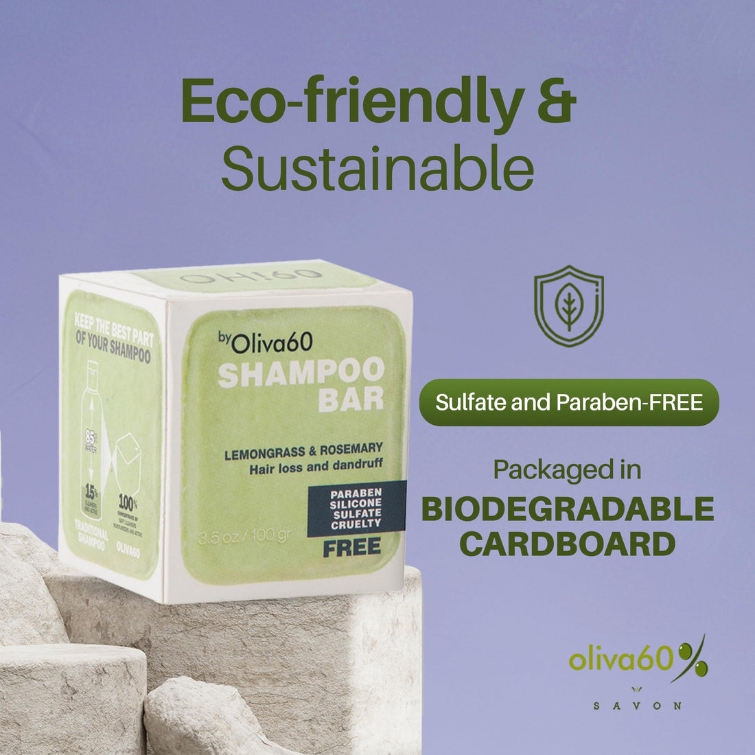 Shampoo Bar Lemongrass Rosemary - Olive, Argan, Macadamia Oil | Sulfate & Paraben Free | Organic Natural Hair Care | 3.5 oz | Shampoo for Oily Hair | No Plastic Waste | Oliva 60