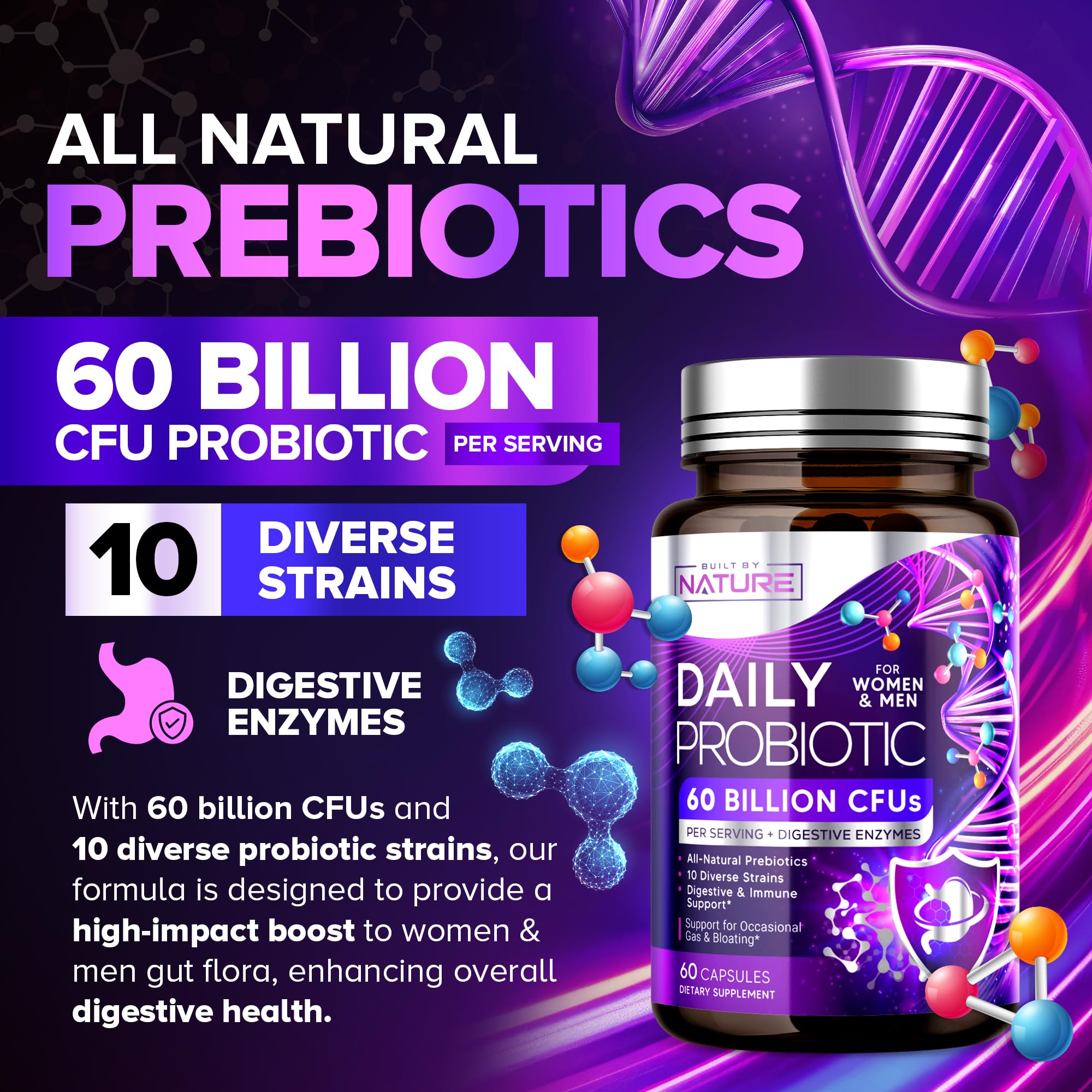 Built by Nature Probiotic for Women & Men – 60 Billion CFU, 10 Strains + Prebiotics & Digestive Enzymes – Supports Digestive, Immune, Reduce Gas & Bloating – Shelf Stable, Non-GMO - 60 Capsules