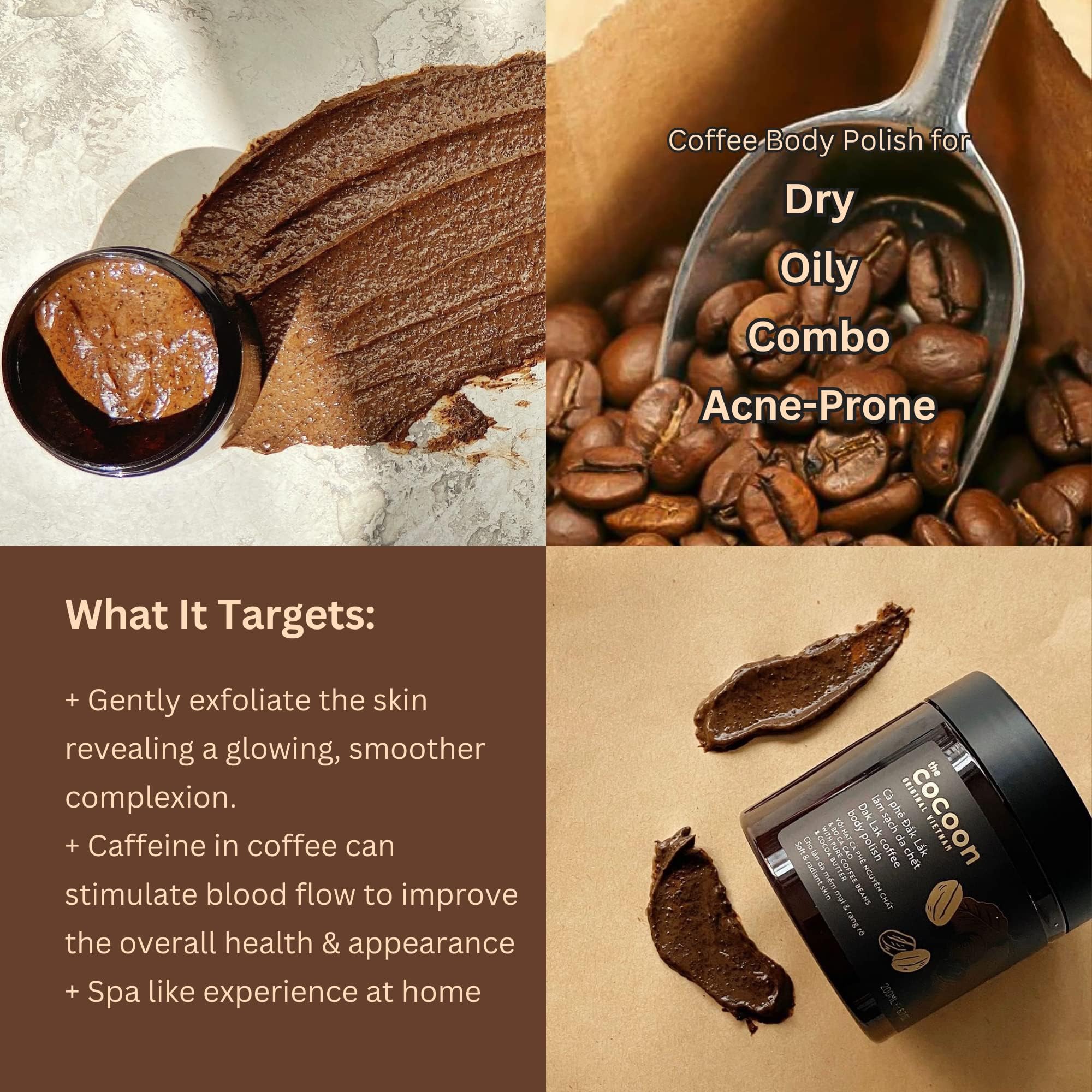 Cocoon Dak Lak Coffee Body Polish with Coconut & Shea Butter. 100% Vegan Exfoliating Scrub for Smooth & Glowing Skins | Reduce Stretch Marks, Acne & Cellulite | Gift for Coffee Lovers (6.76 fl oz)